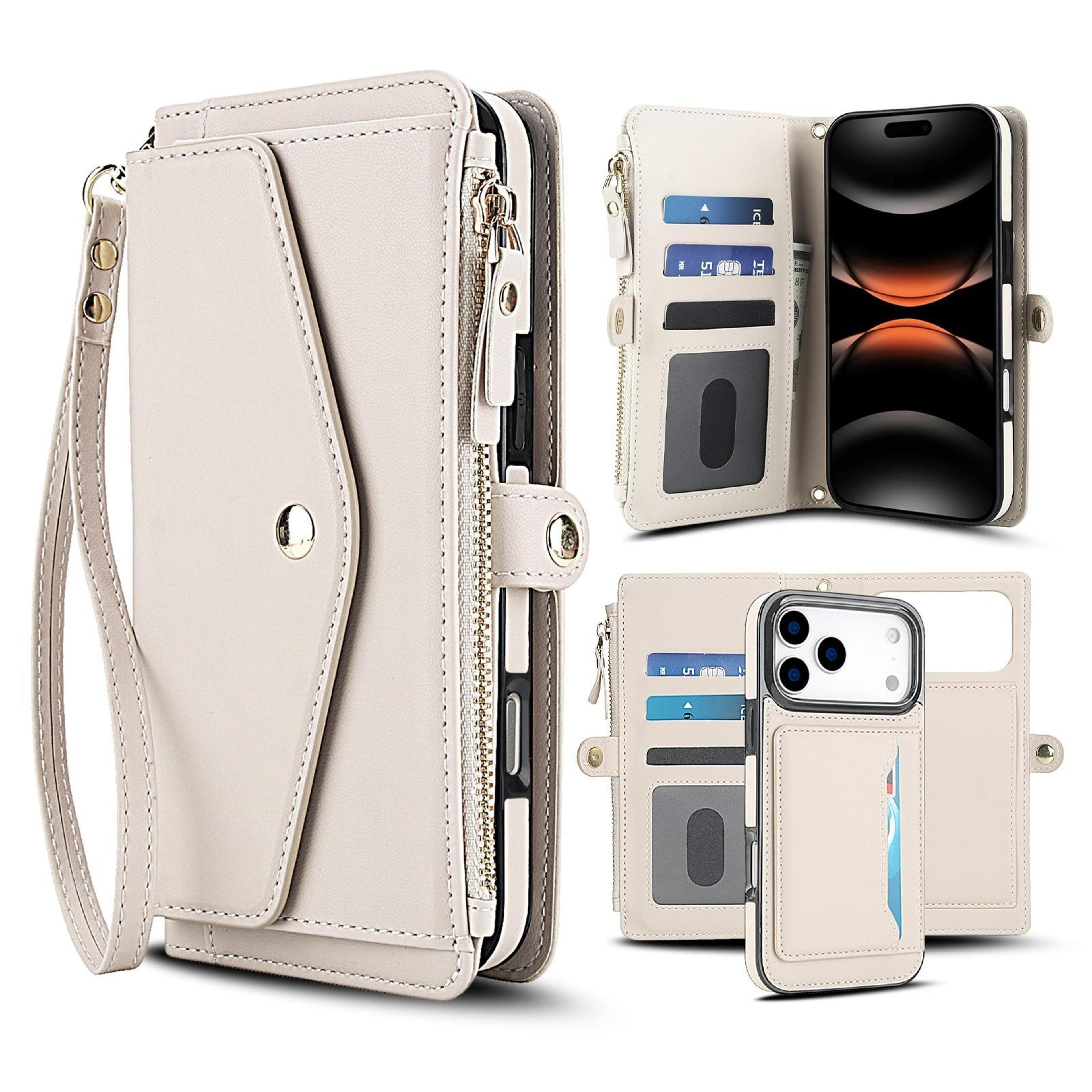 iphone 18 pro max detachable leather wallet case with lanyard and magnetic ring