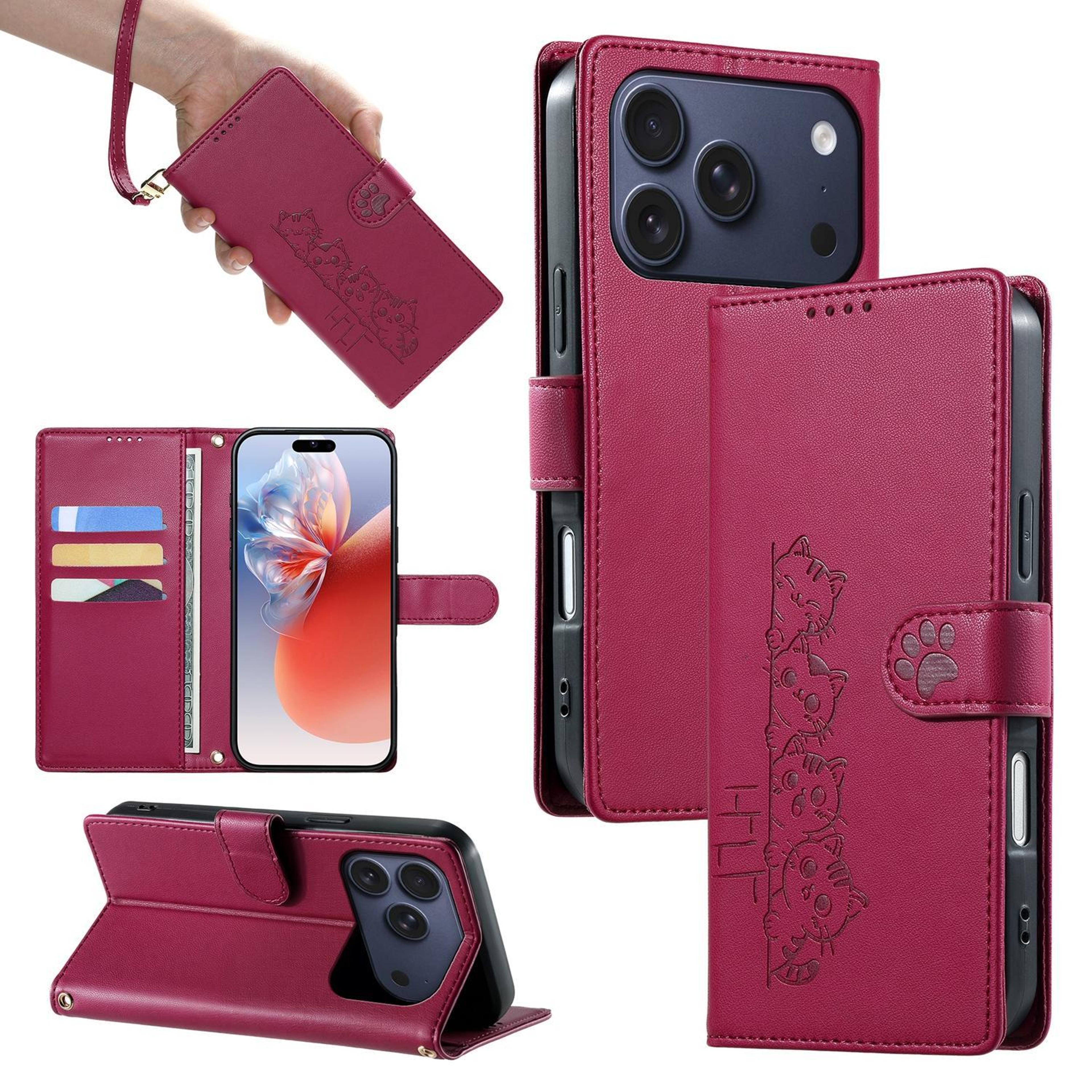cute cats magnetic closure vegan leather wallet case with strap for iphone 18 pro