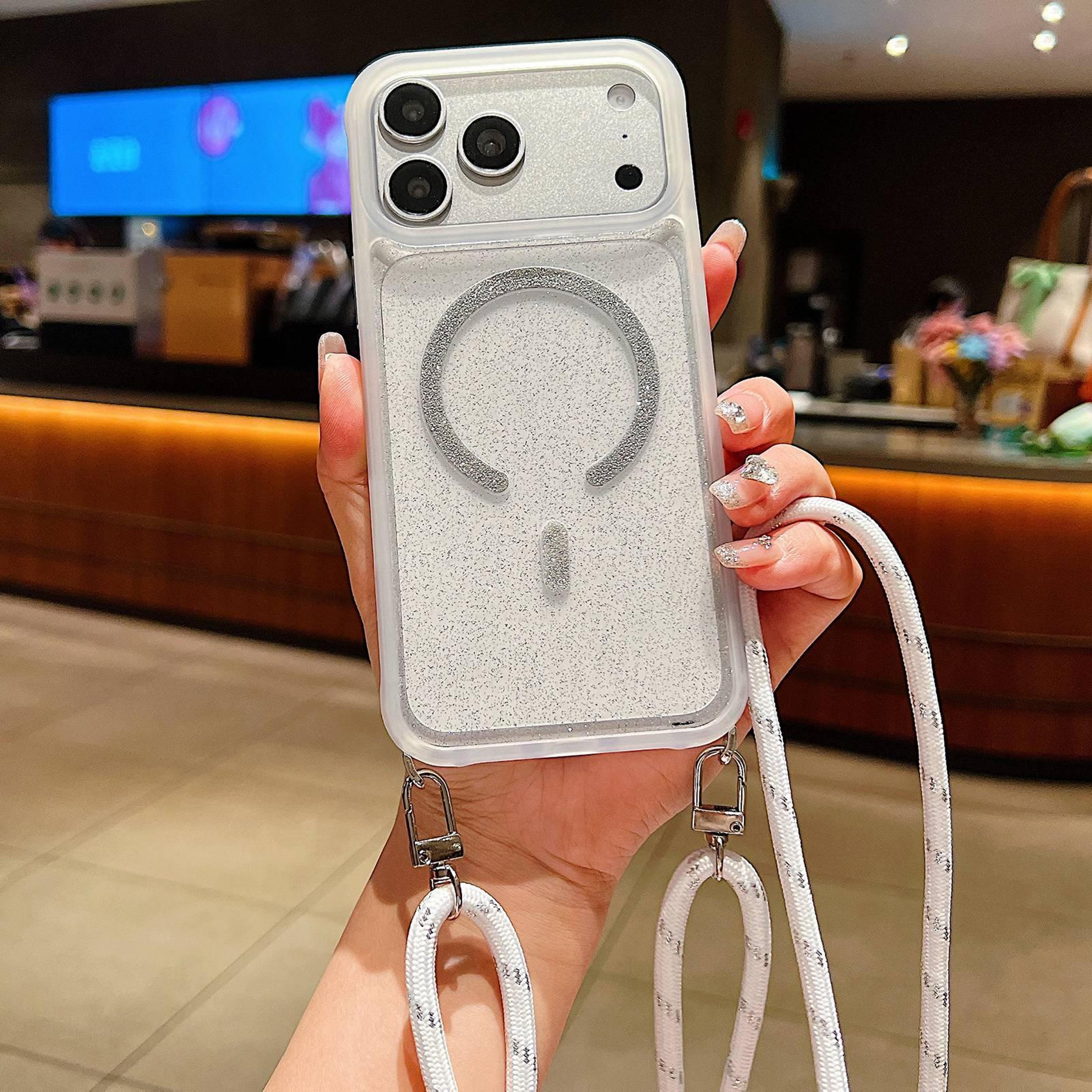 gradient transparent glitter magnetic phone case with crossbody lanyard for iphone 18 pro
