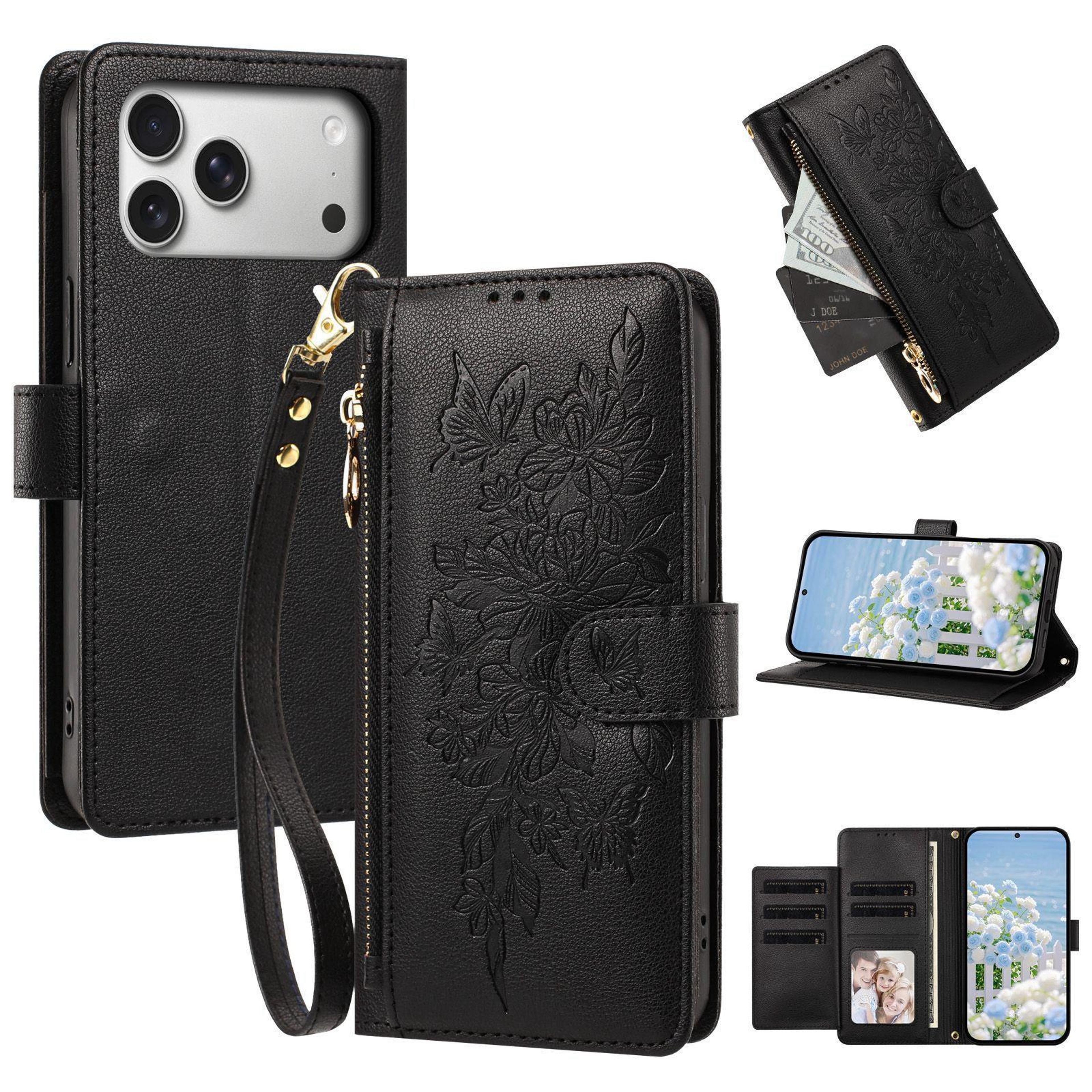 iphone 18 pro butterfly flower zipper wallet vegan leather phone case with strap