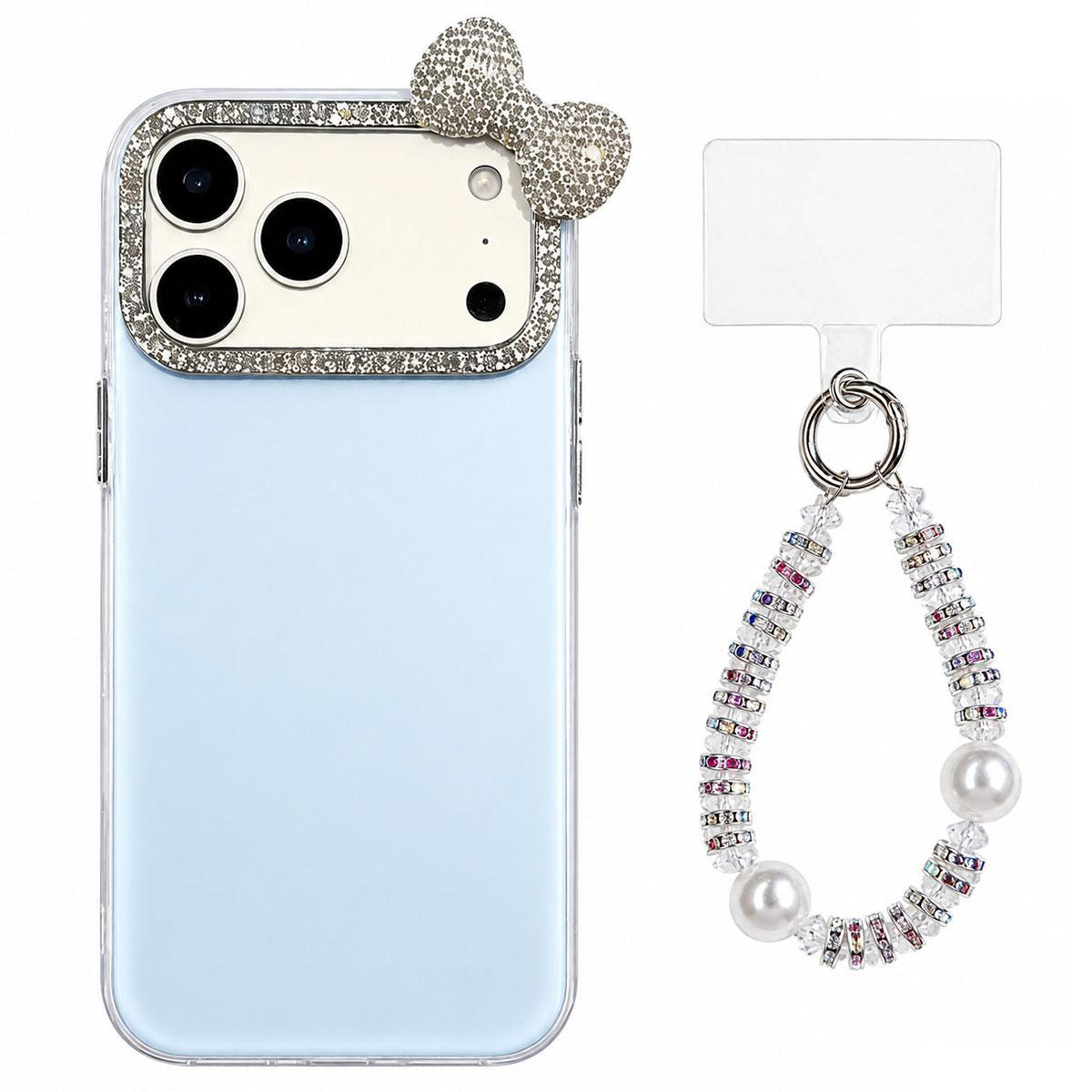 cute bowknot iphone 18 pro case with pearl beaded wrist strap and dopamine colors