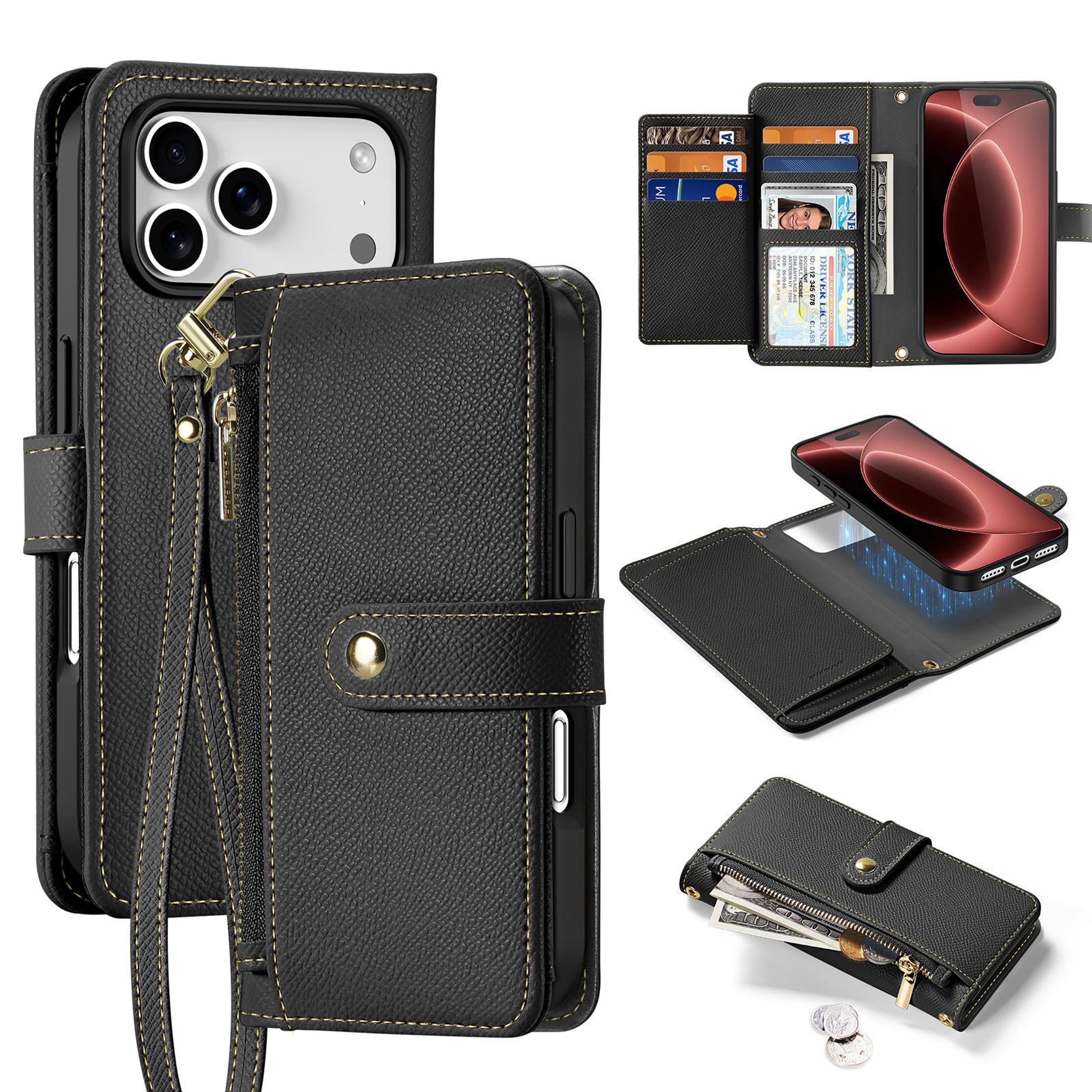 iphone 18 pro detachable magsafe wallet phone case with lanyard zipper cash compartment