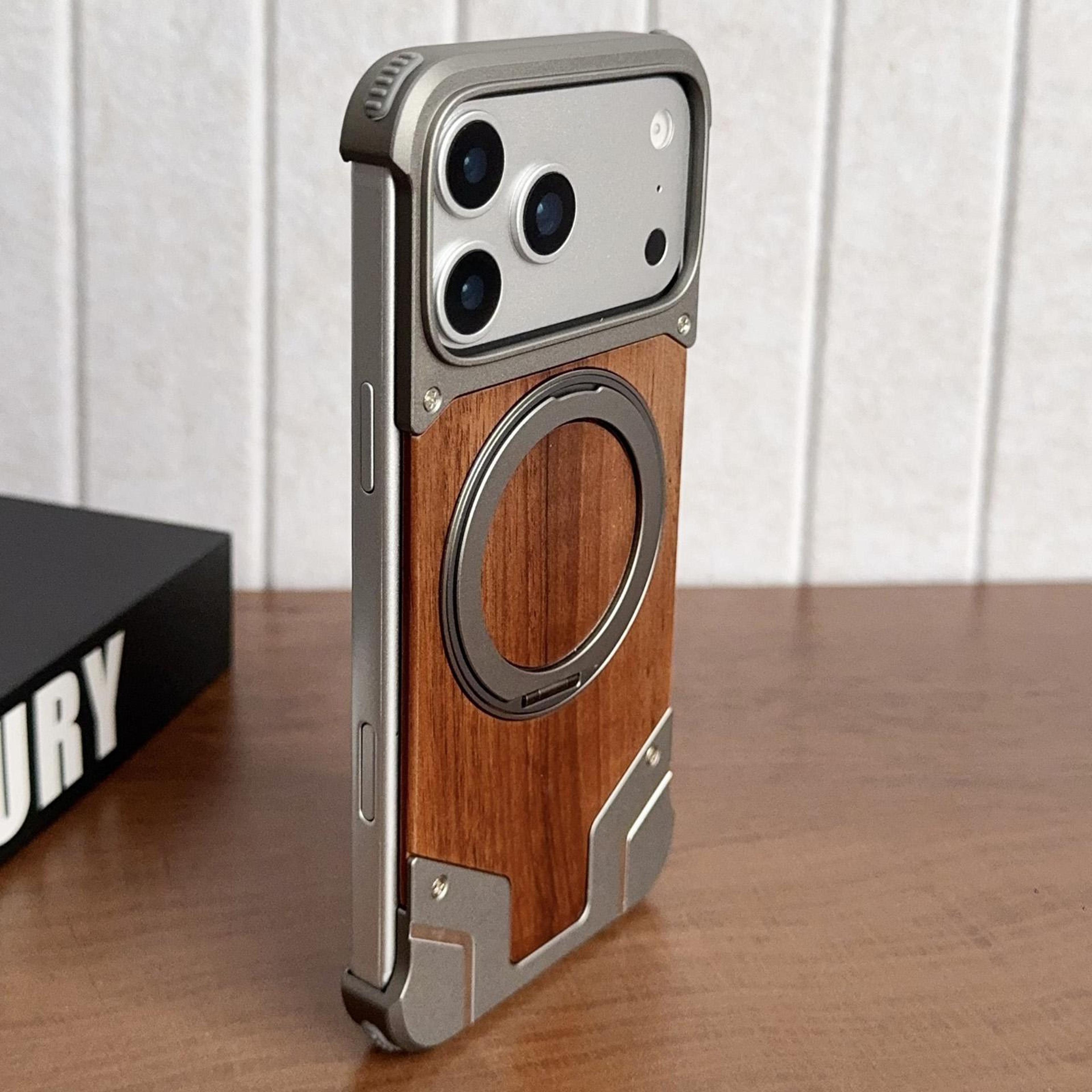 iphone 18 pro max walnut wood magnetic case with 360° rotating metal stand