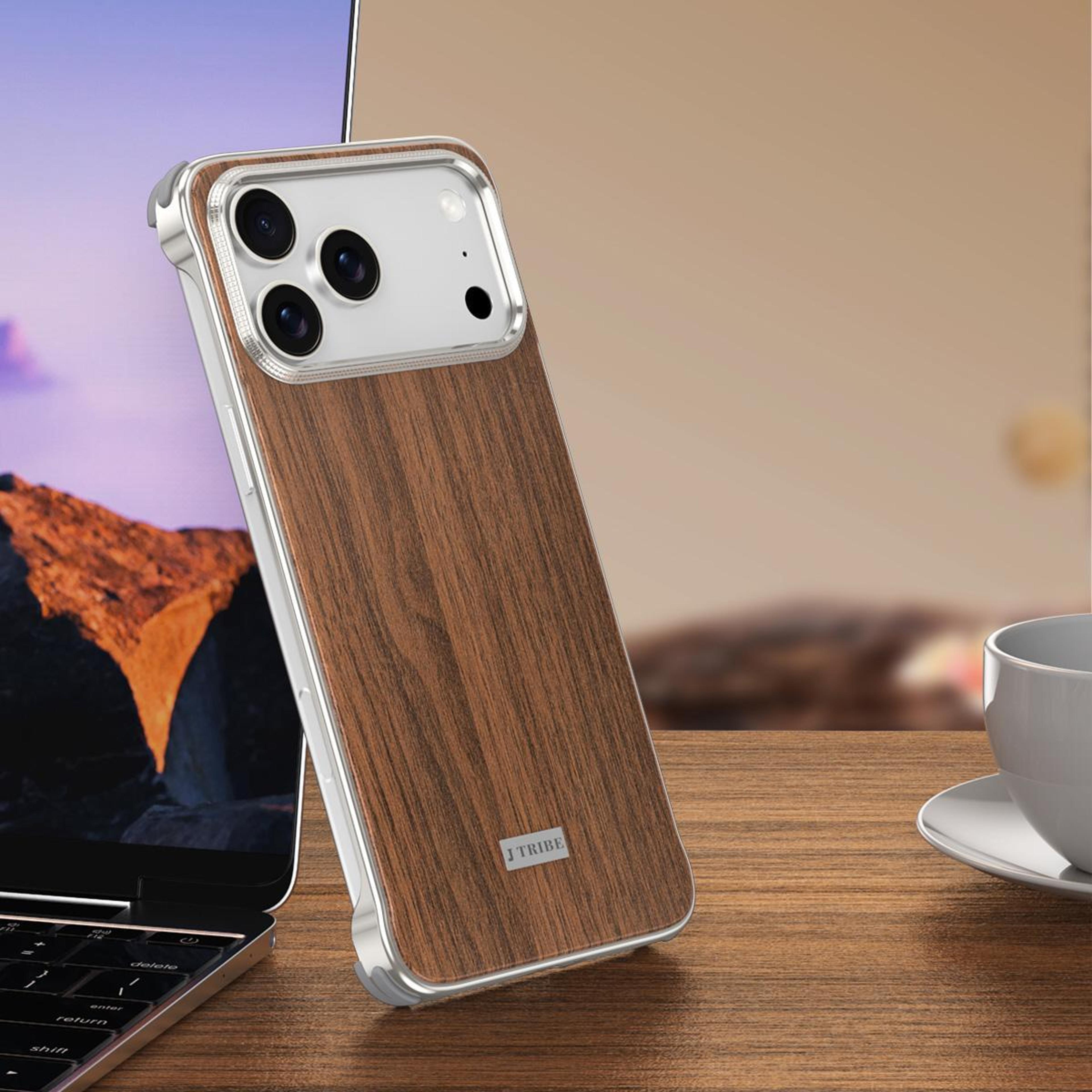iphone 18 pro max magsafe phone case with metal frame and wood texture