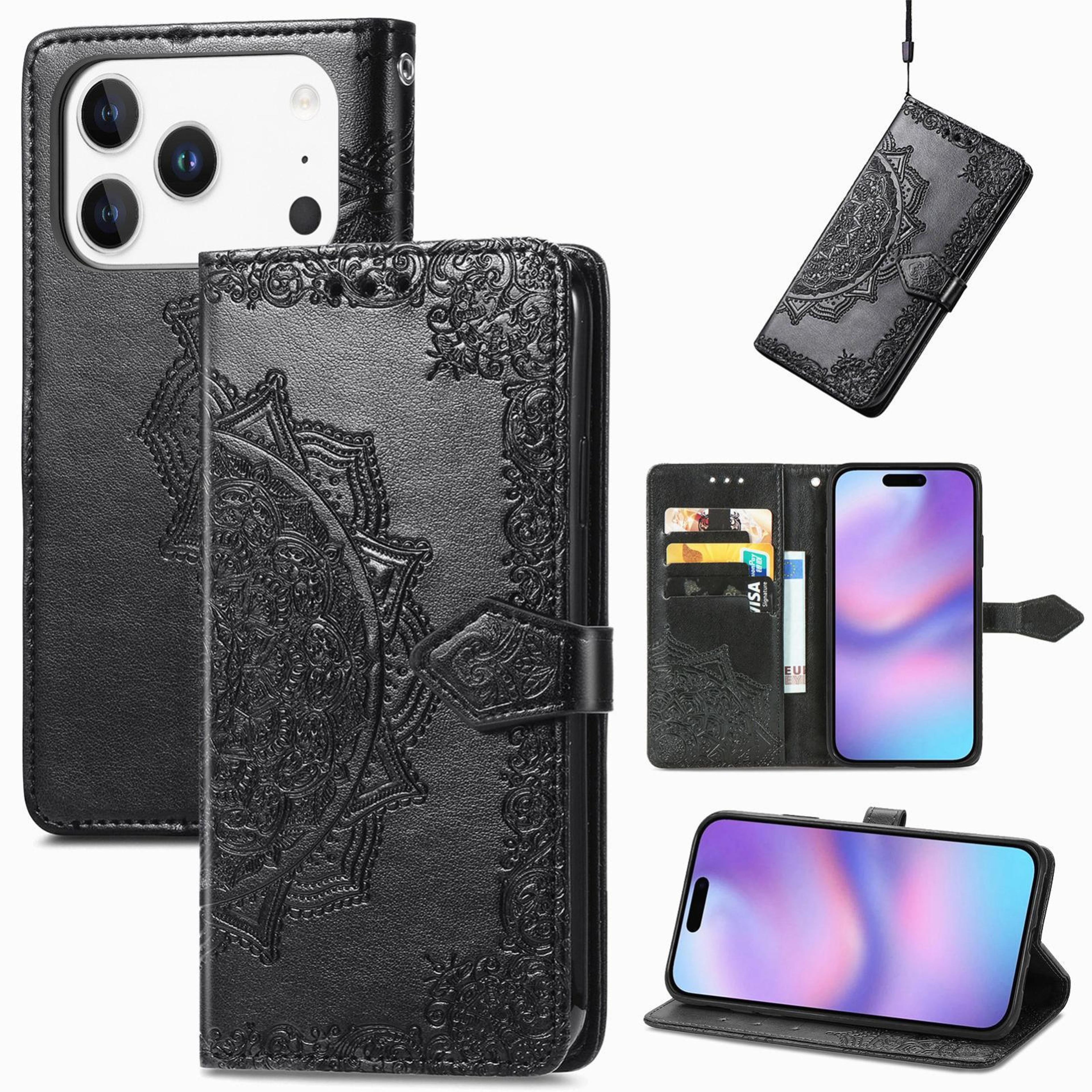 iphone 18 pro mandala flower embossed wallet case with card slot and stand