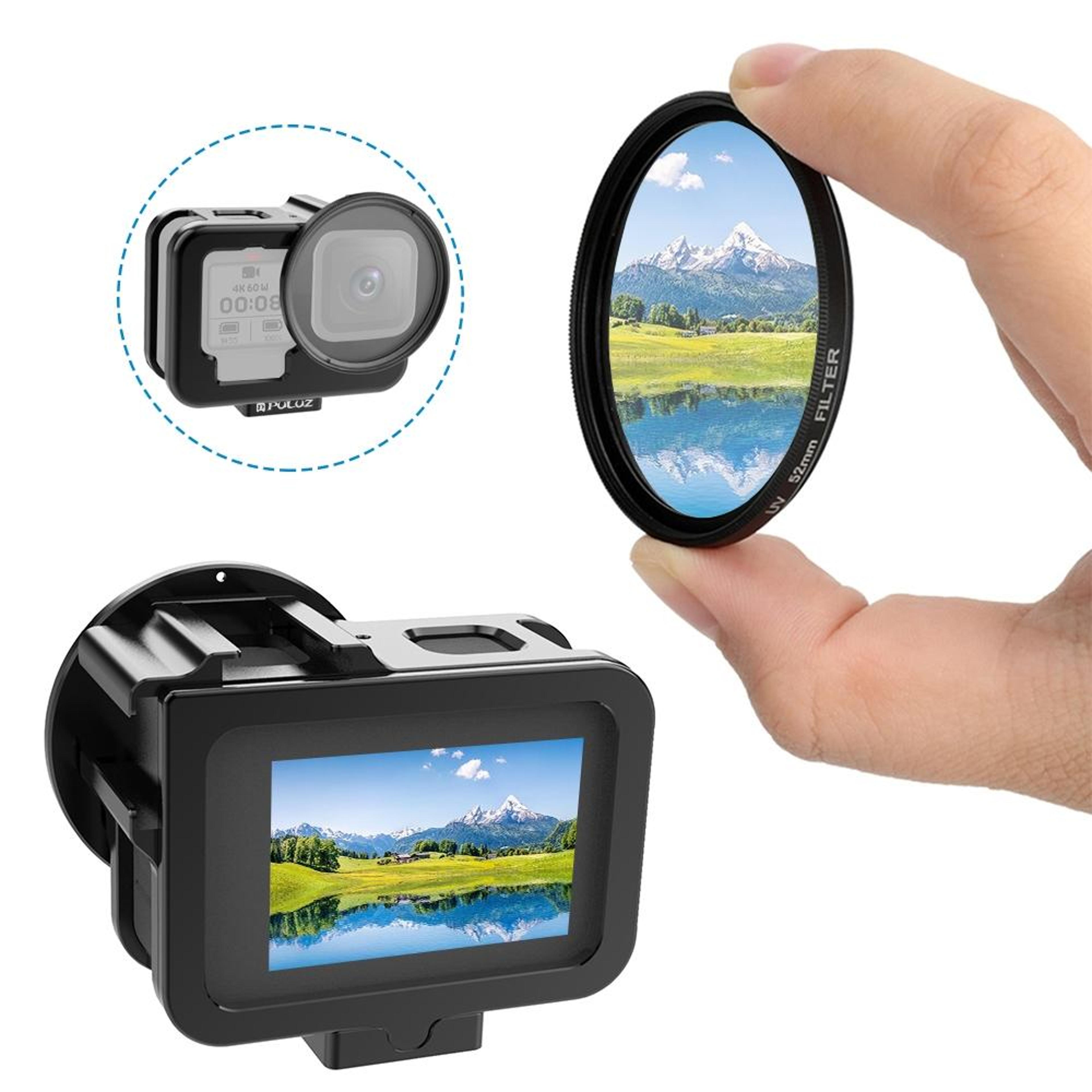 puluz gopro hero13 cage cnc aluminum protective frame with 52mm uv lens filter