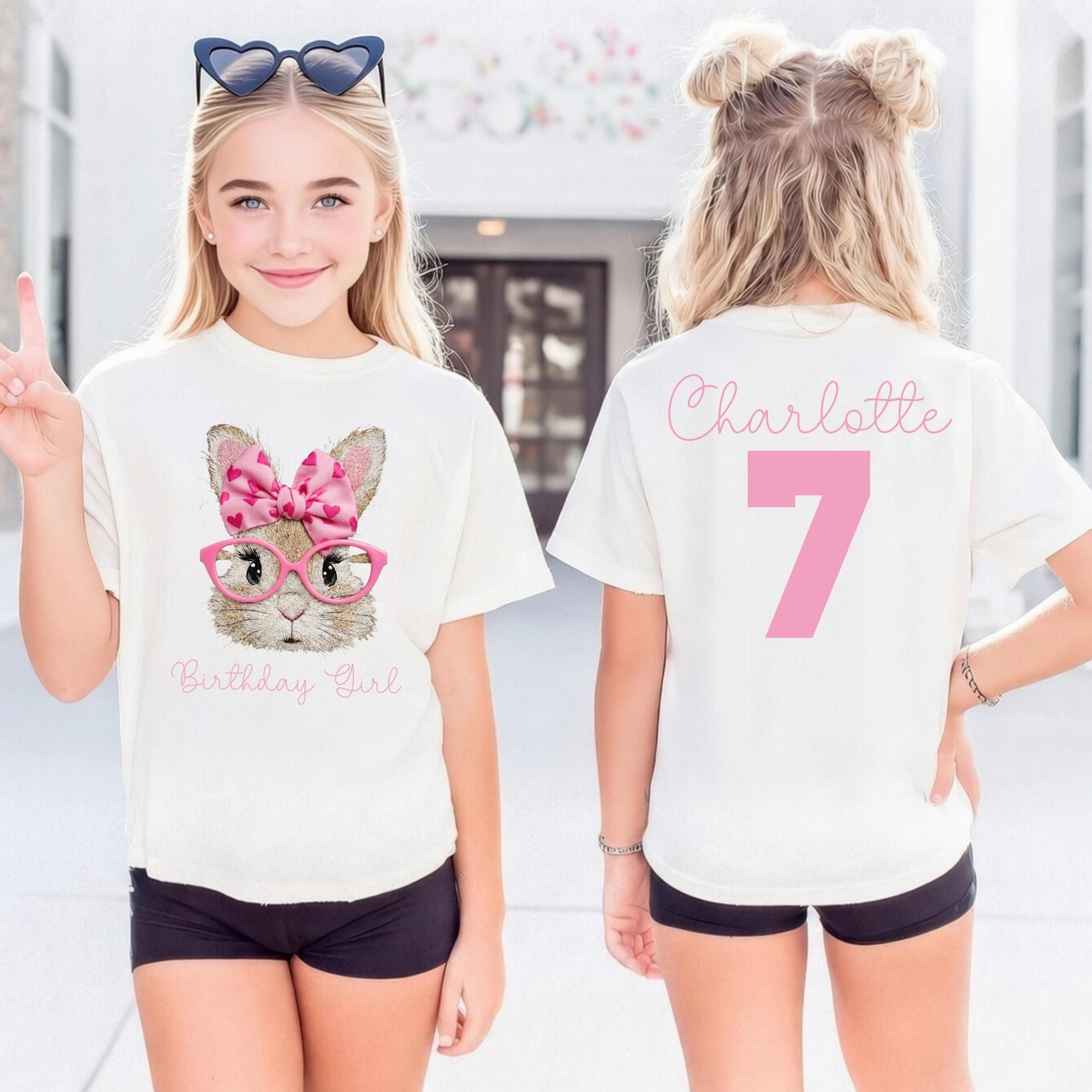 personalized 7th birthday girl shirt bunny birthday shirt custom name age 7 birthday outfit cute rabbit birthday tee