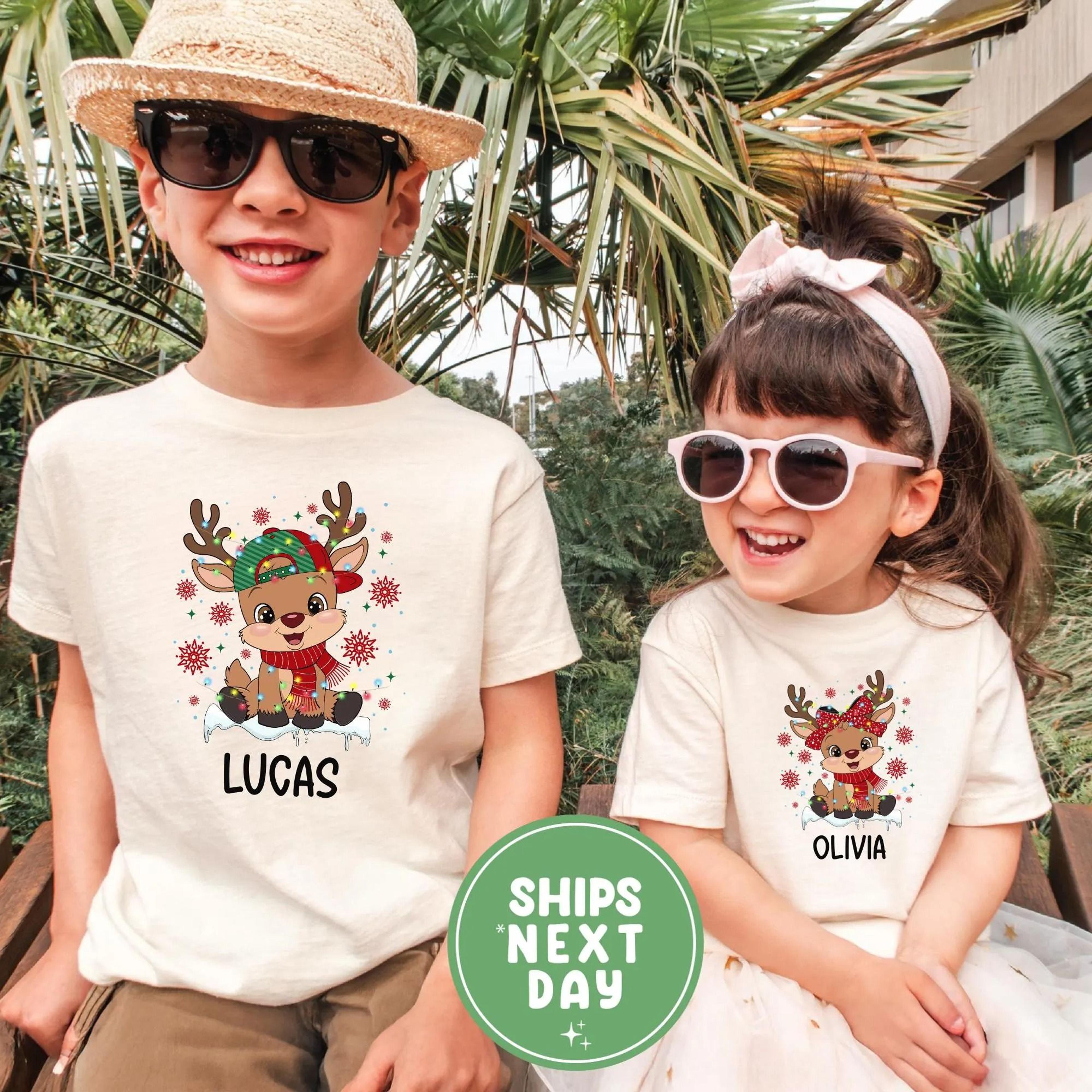 personalized christmas reindeer shirt, custom kids christmas shirt, matching sibling christmas tee, custom name holiday