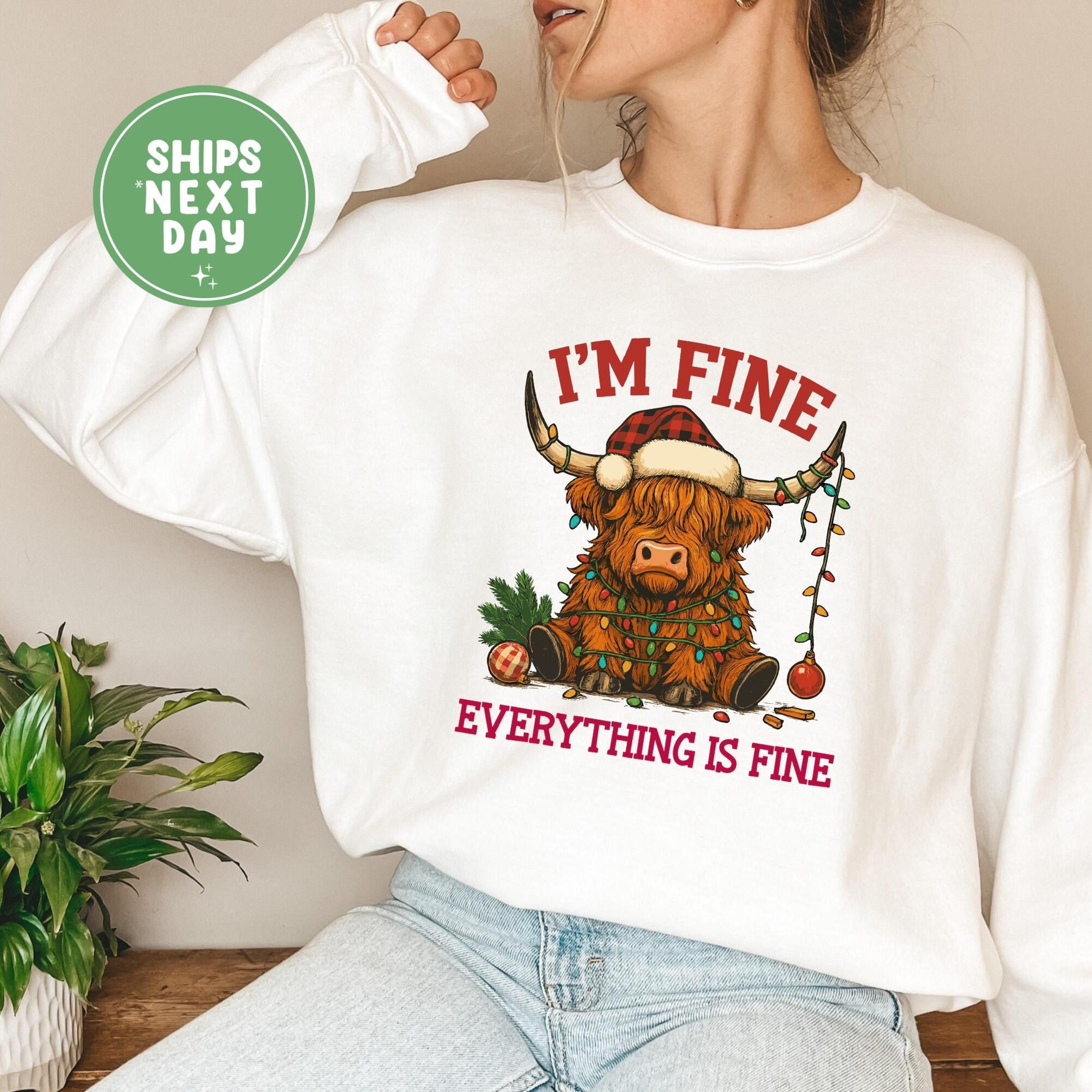 funny highland cow christmas sweatshirt, i'm fine everything is fine christmas shirt, christmas cow sweatshirt