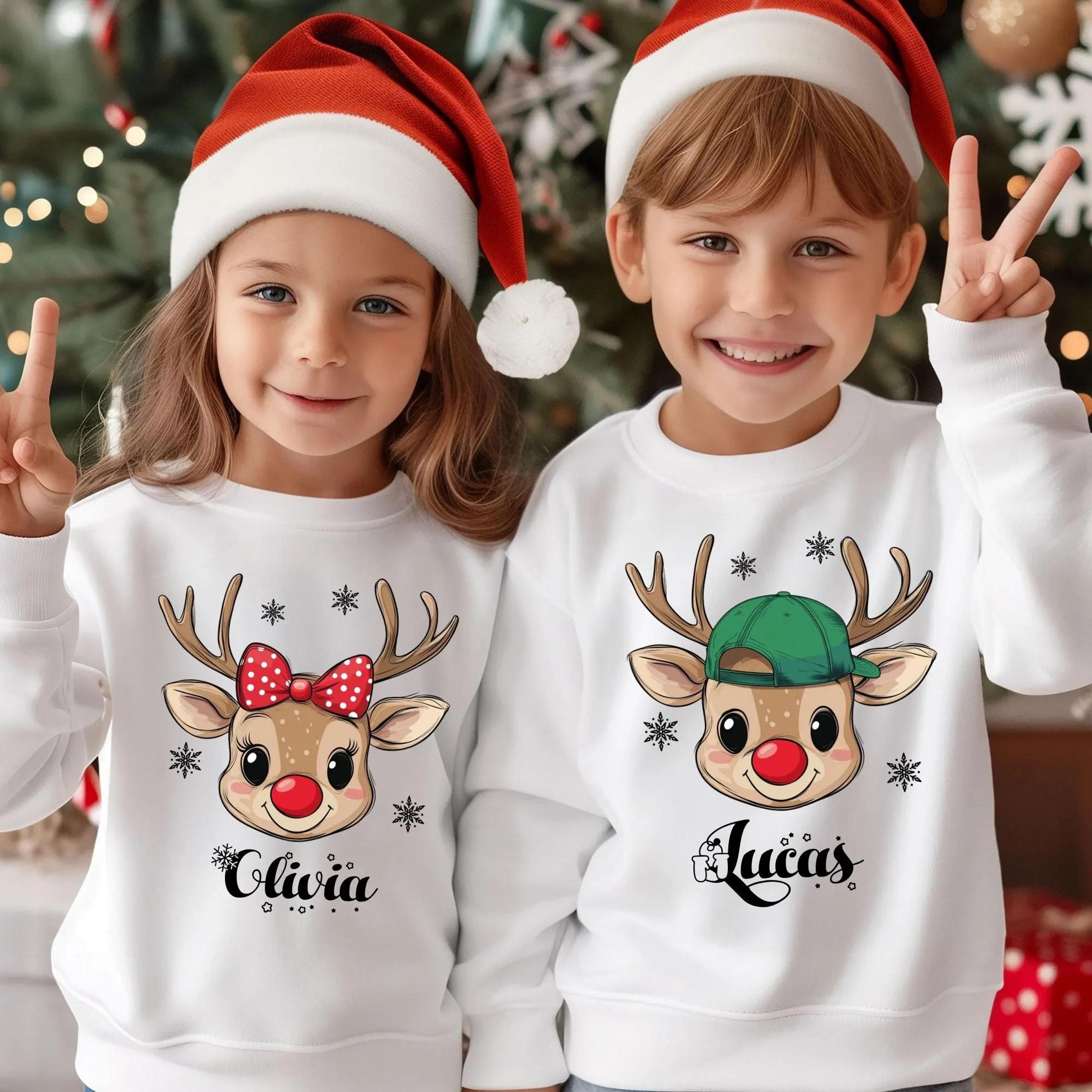 personalized reindeer christmas sweatshirt, custom name christmas shirt, matching sibling christmas outfit