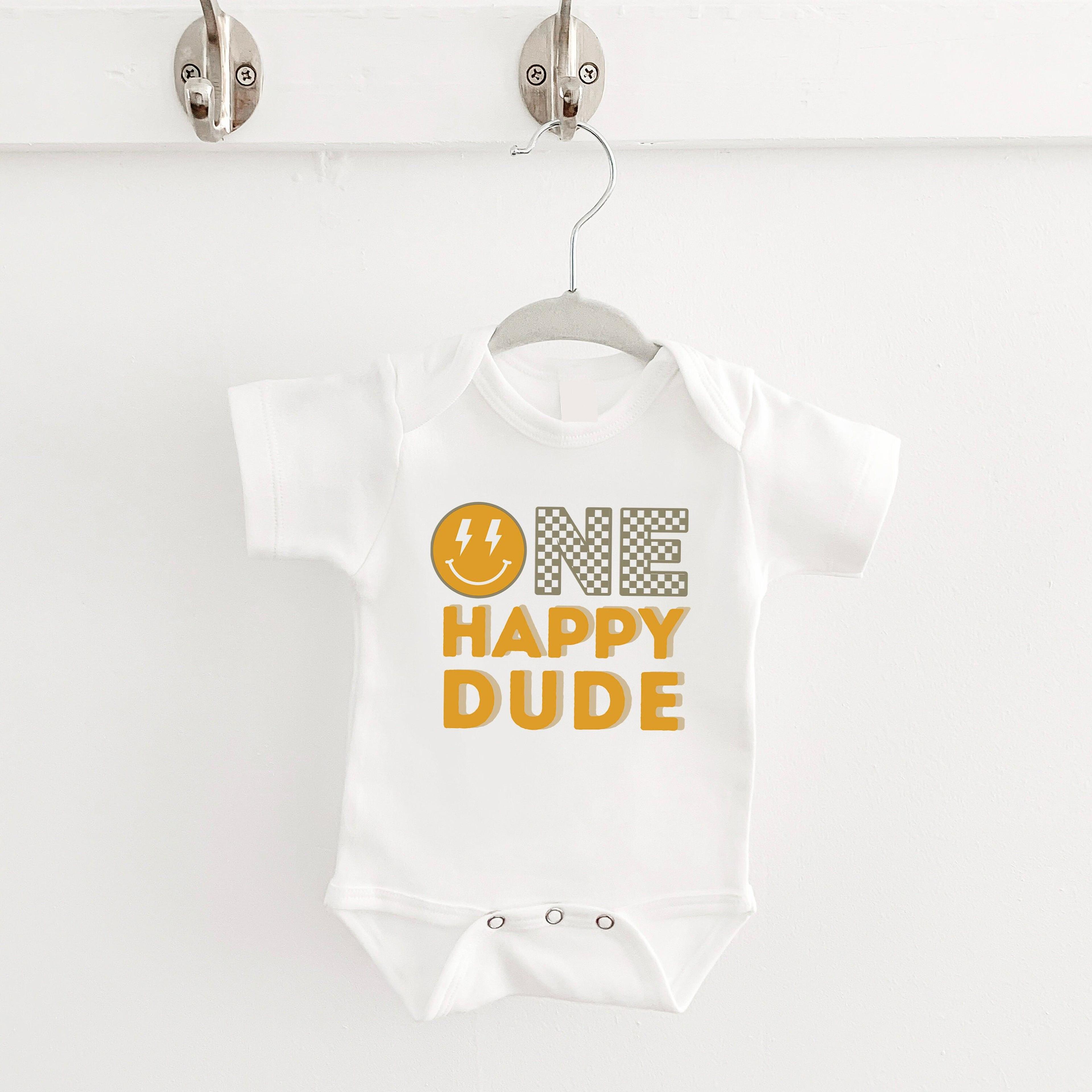 one happy dude birthday outfit, happy one birthday romper, retro first birthday shirt, birthday boy outfit, cake smash o