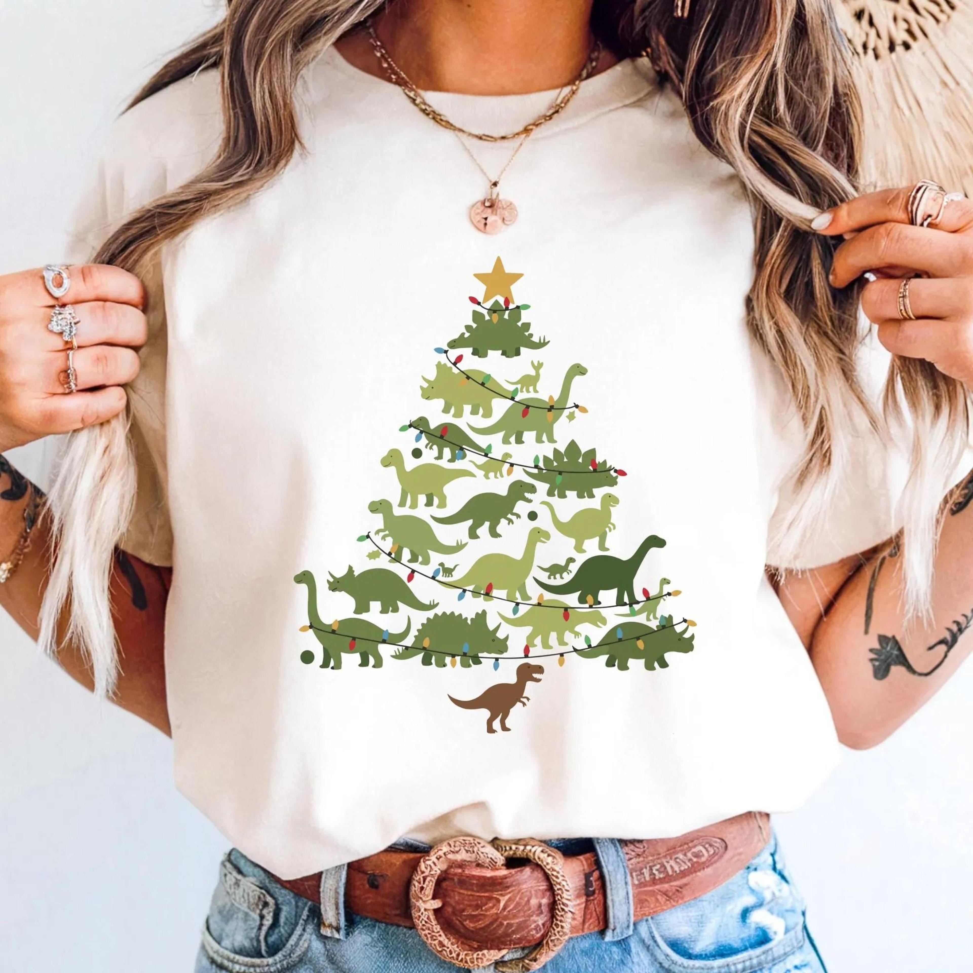 dinosaur christmas tree sweatshirt, dino christmas sweatshirt, christmas dinosaur shirt, cute holiday dino crewneck