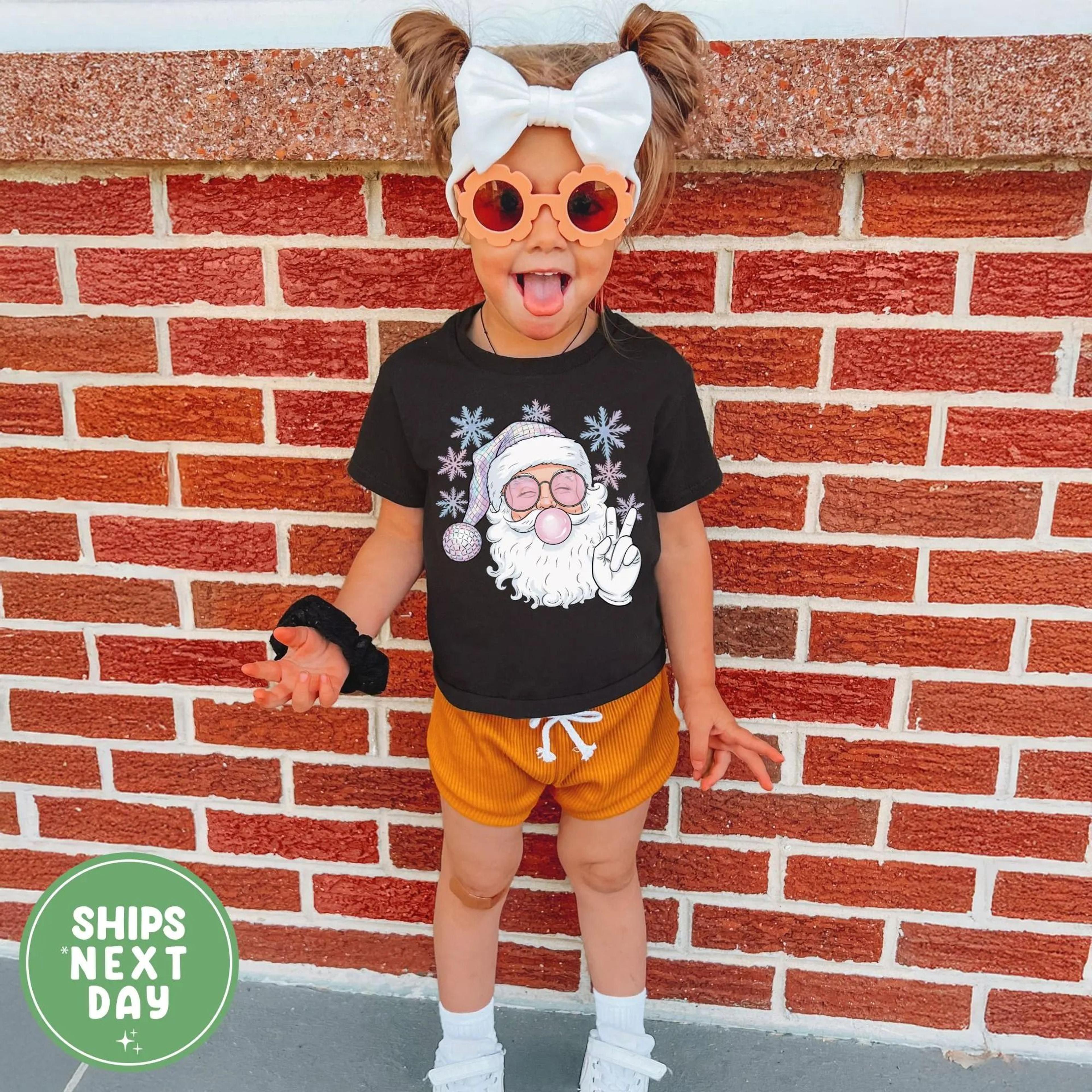 pink santa peace sign shirt, cute girls christmas tee, retro santa kids shirt, pastel christmas outfit, trendy holiday