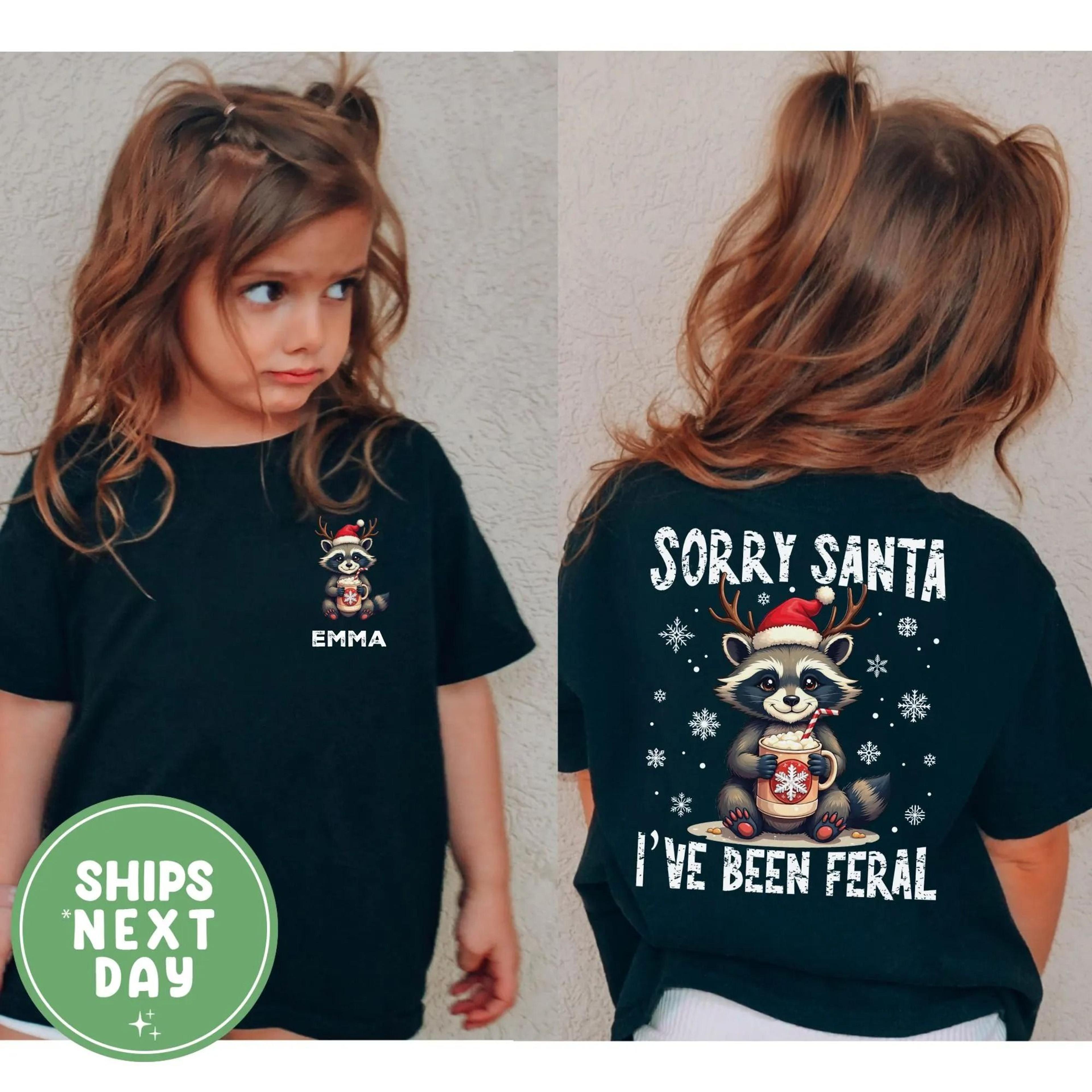 sorry santa i've been feral shirt, personalized raccoon christmas shirt, funny kids christmas tee, custom name holiday
