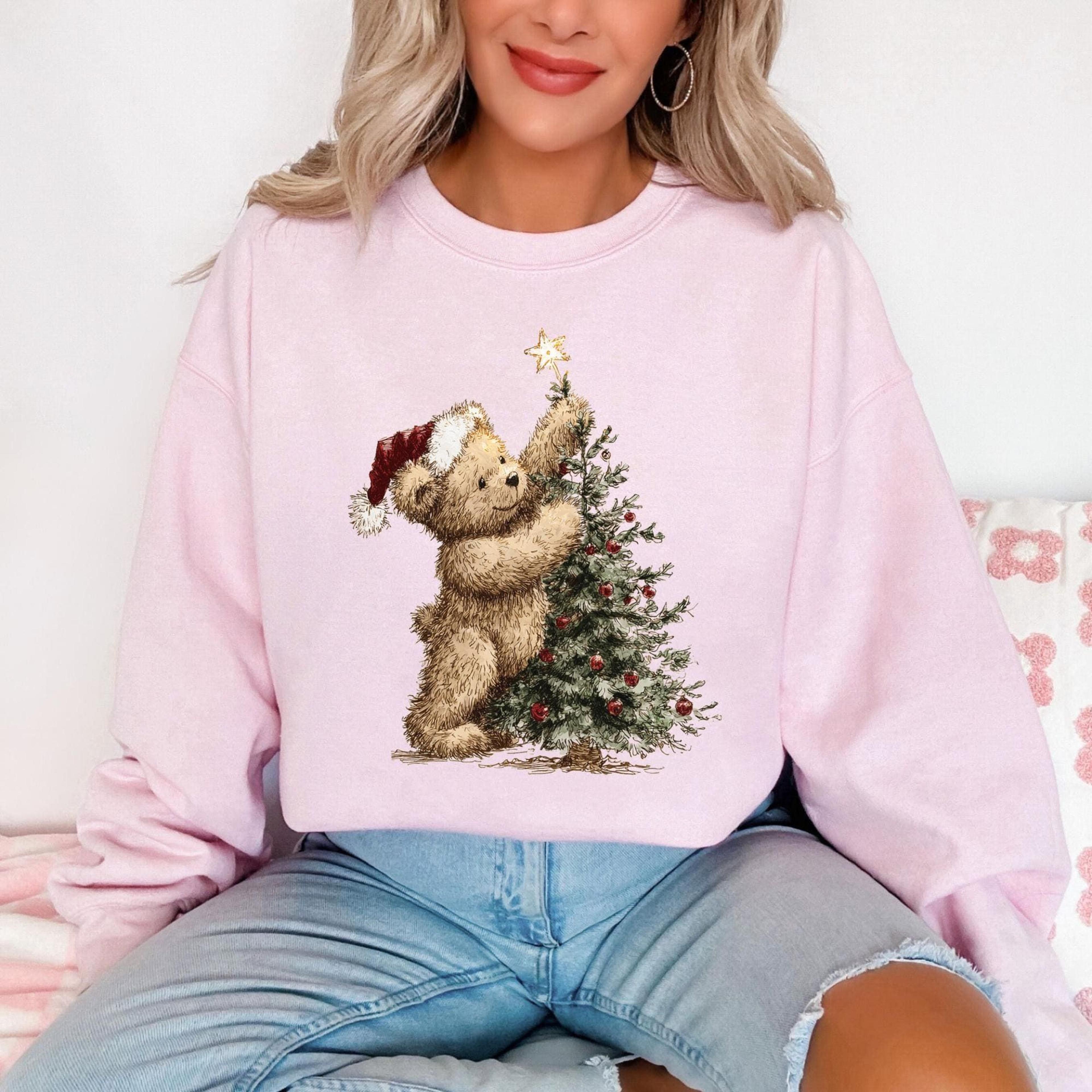 cute christmas teddy bear sweatshirt, vintage christmas bear crewneck, teddy bear christmas tree sweatshirt