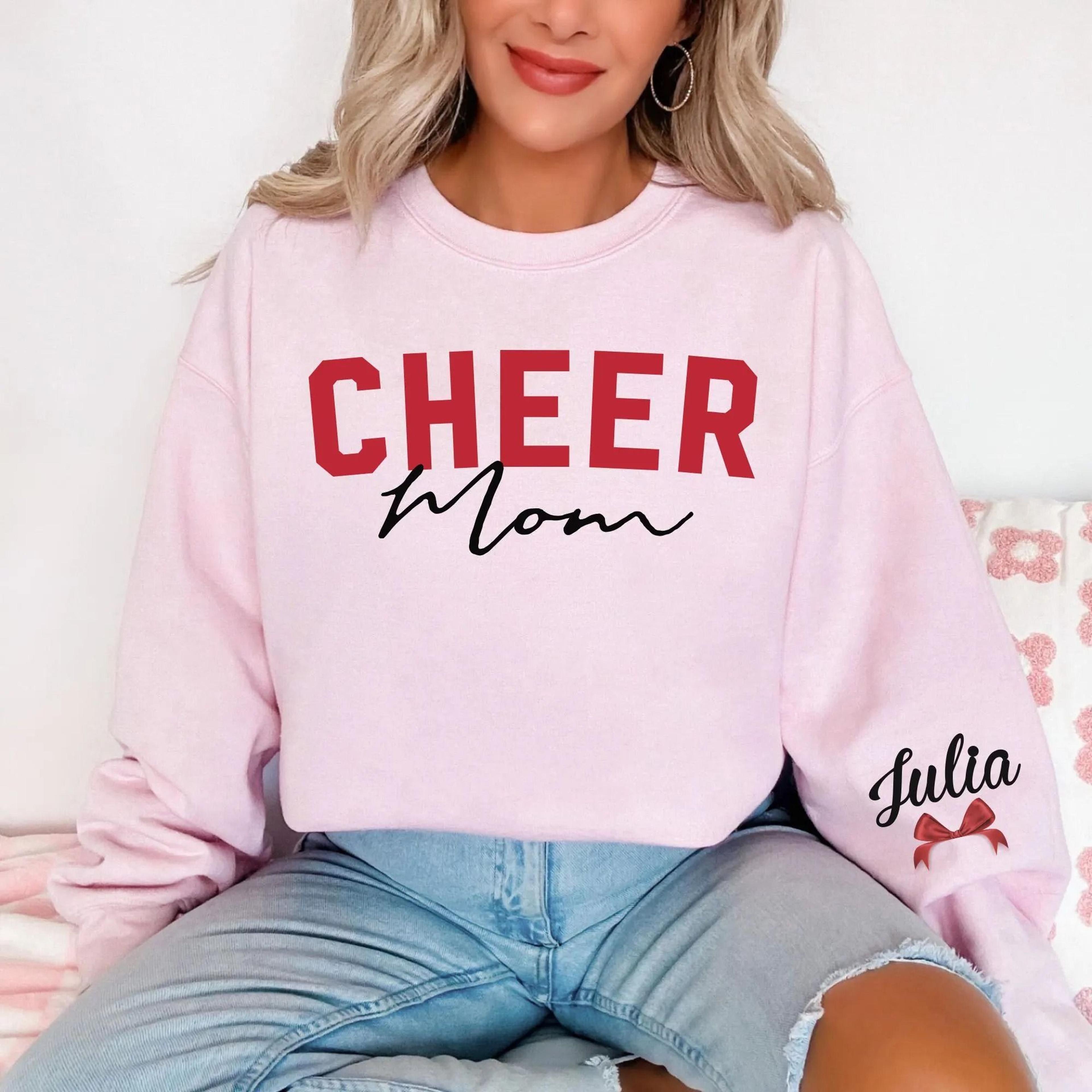 cheer mom sweatshirt, personalized cheer mom crewneck, custom cheerleading mom sweatshirt, cheer team spirit shirt