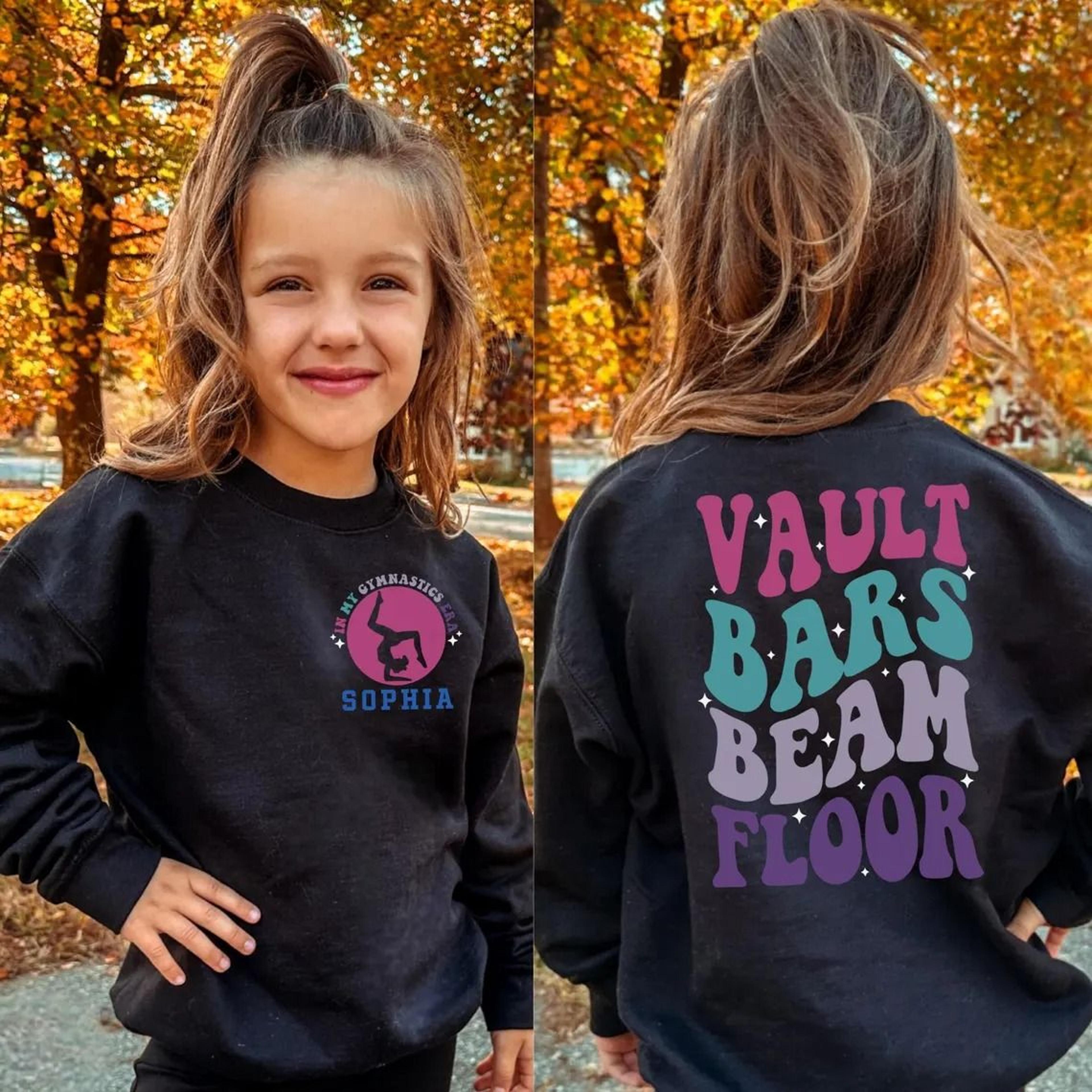 personalized gymnastics sweatshirt, gymnast crewneck for girls, custom name gymnast shirt, vault bars beam floor sweatsh