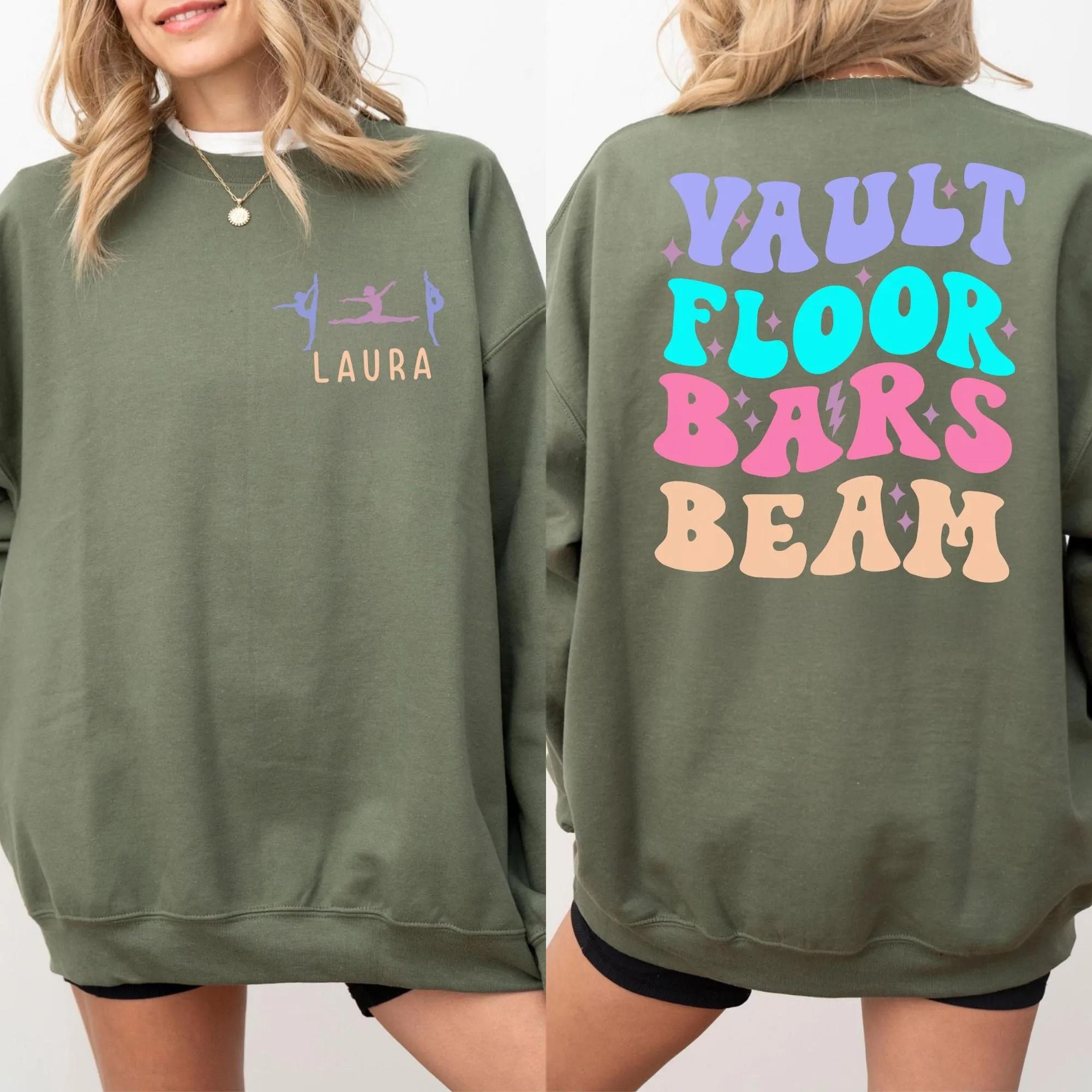personalized gymnastics sweatshirt, gymnast gift for girls, vault floor bars beam sweatshirt, custom gymnast crewneck