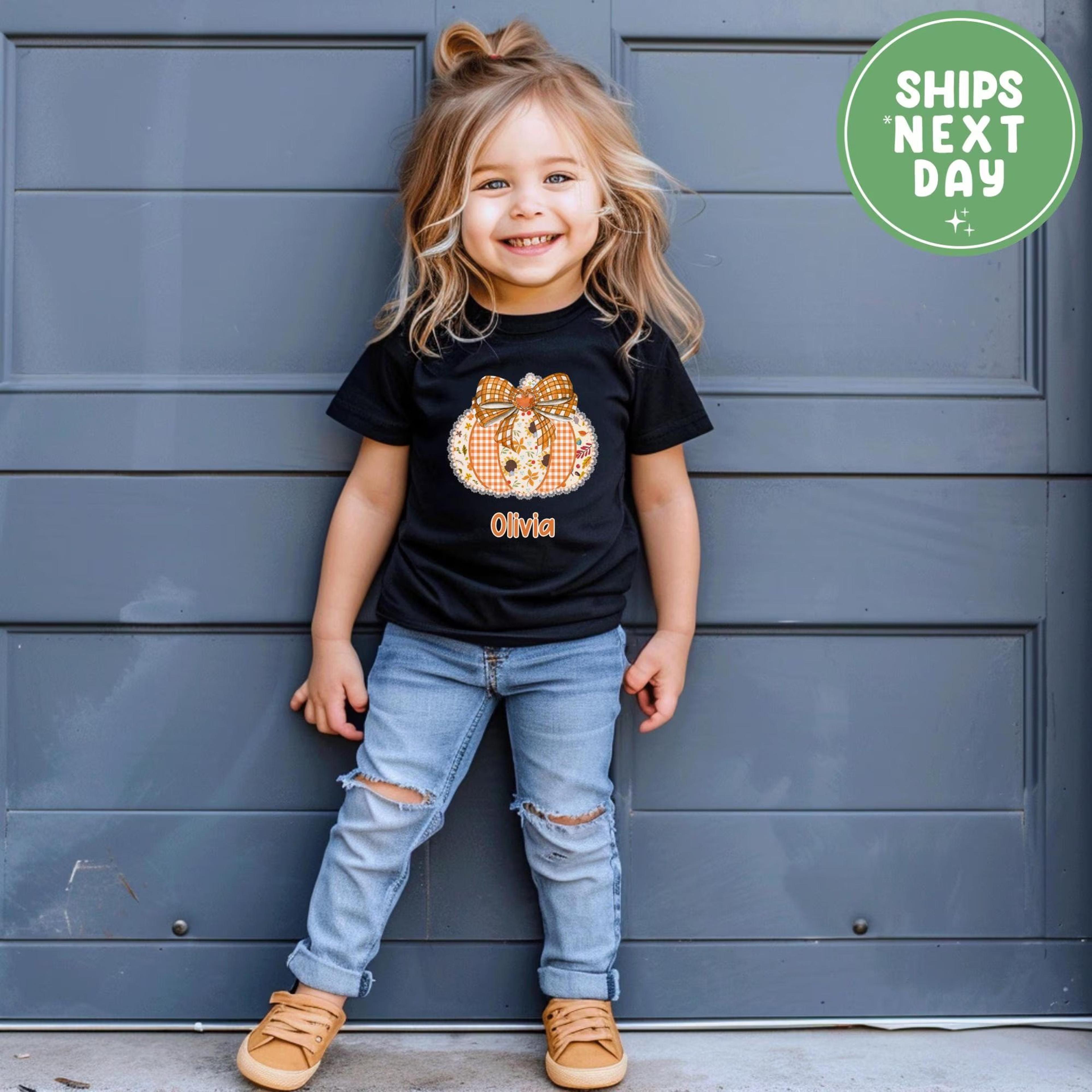personalized pumpkin shirt toddler girl, custom name fall shirt, cute pumpkin bow shirt, thanksgiving toddler tee