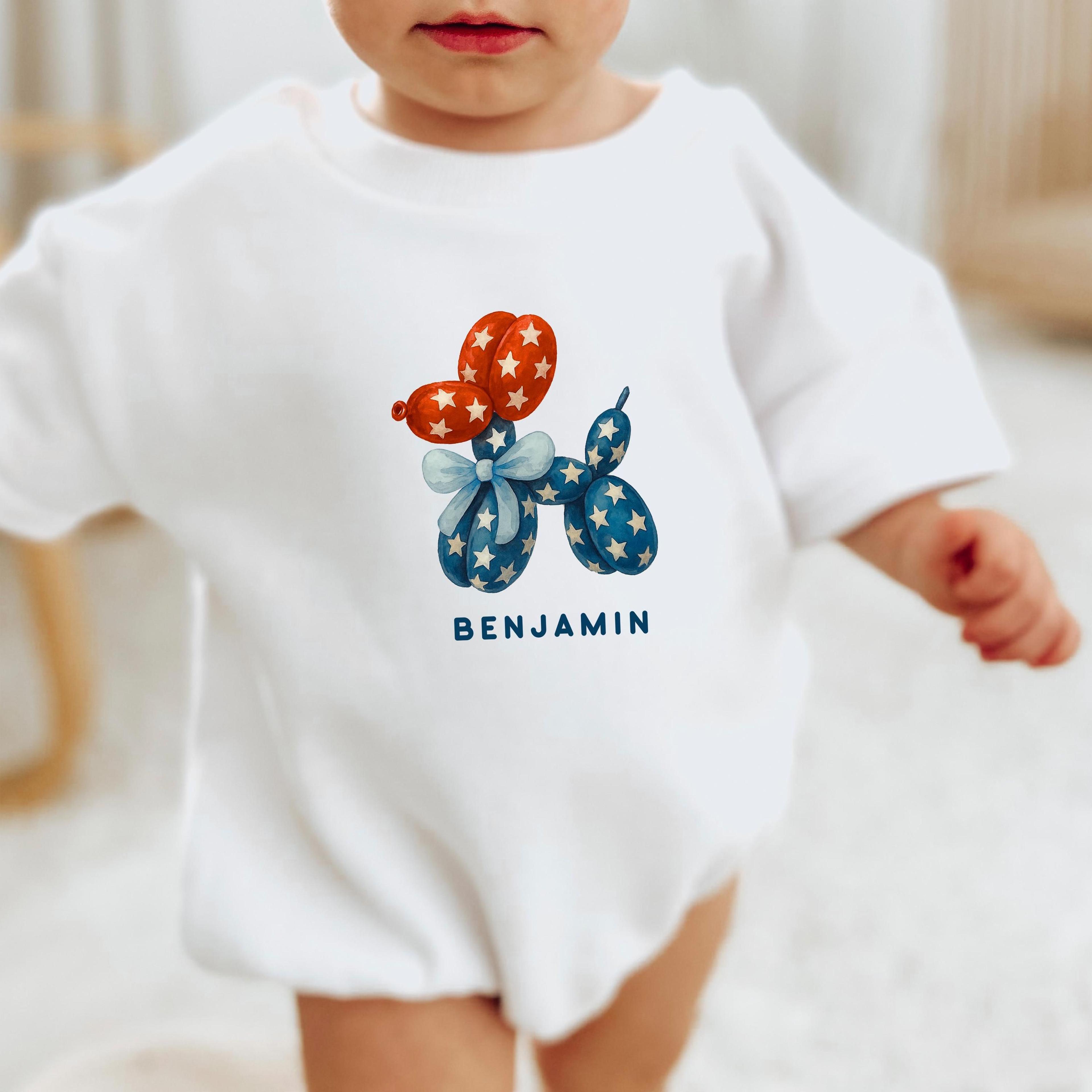 patriotic balloon dog baby romper, personalized 4th of july outfit, usa baby shirt, independence day toddler tee, red wh