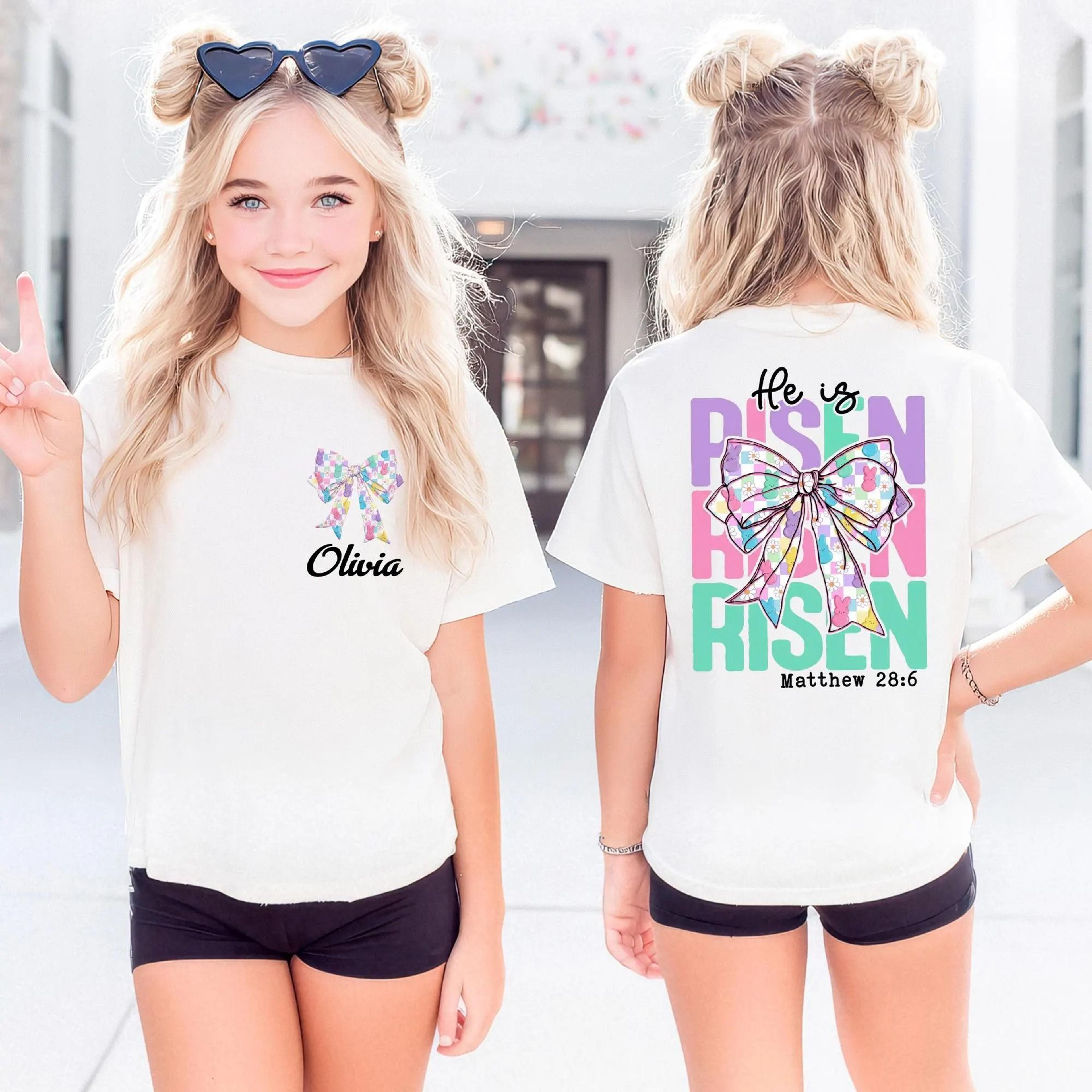 he is risen kids easter shirt, personalized easter shirt for girls, matthew 28:6 christian shirt, easter bow tee