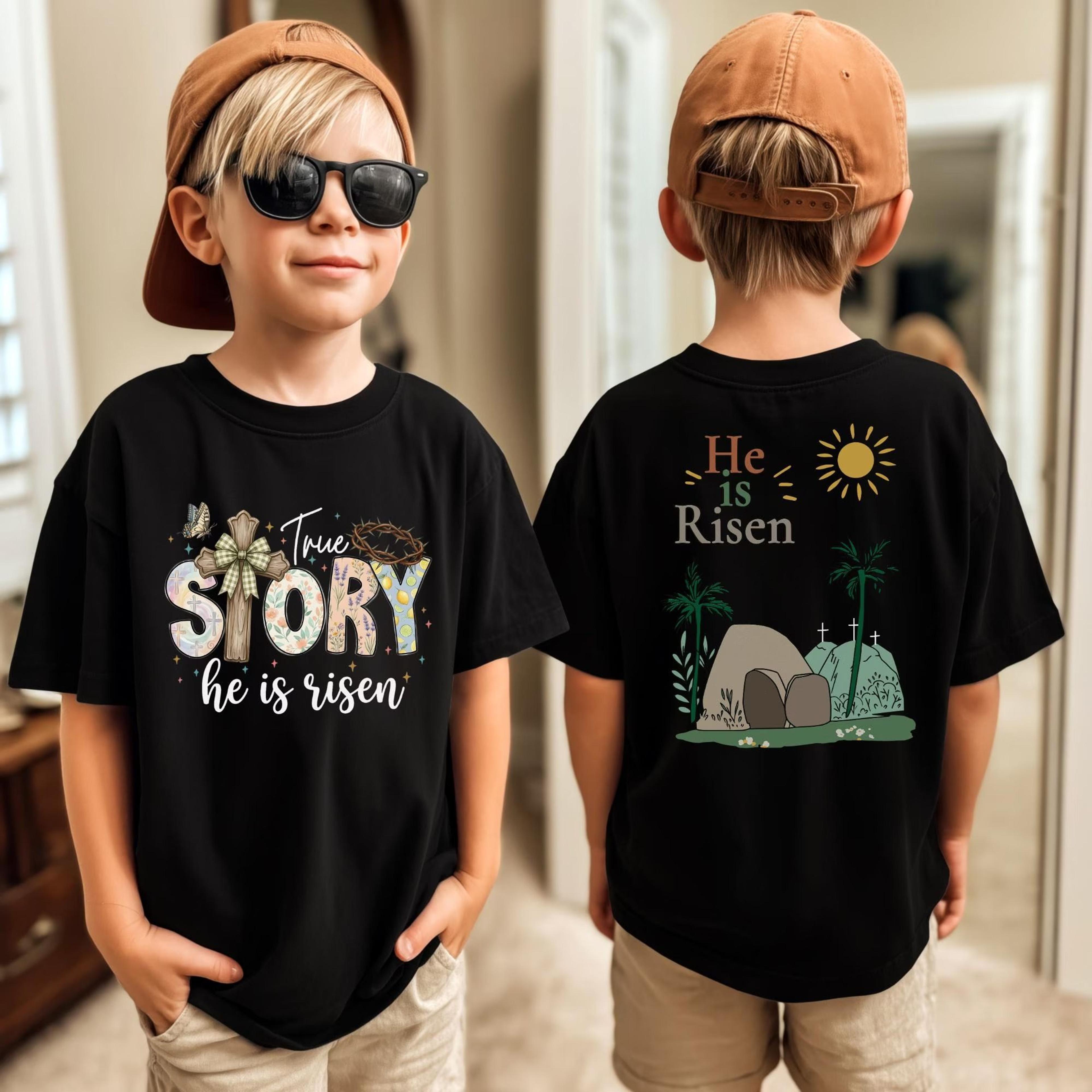 true story he is risen kids easter shirt, christian easter shirt for boys, he is risen youth tee, resurrection sunday