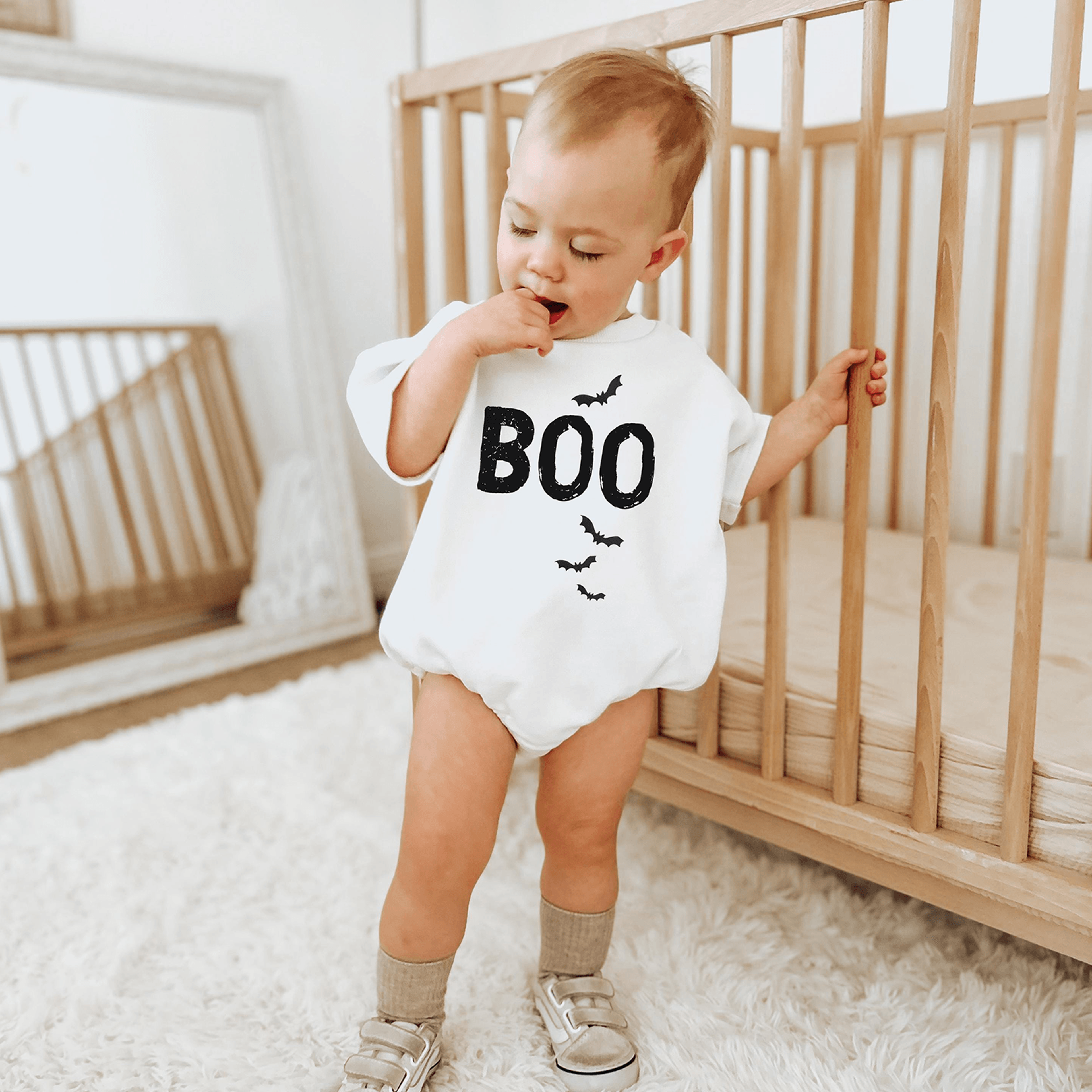 neutral boo and bats halloween shirt, cute spooky season tee, minimal halloween outfit for kids, bat graphic fall shirt,