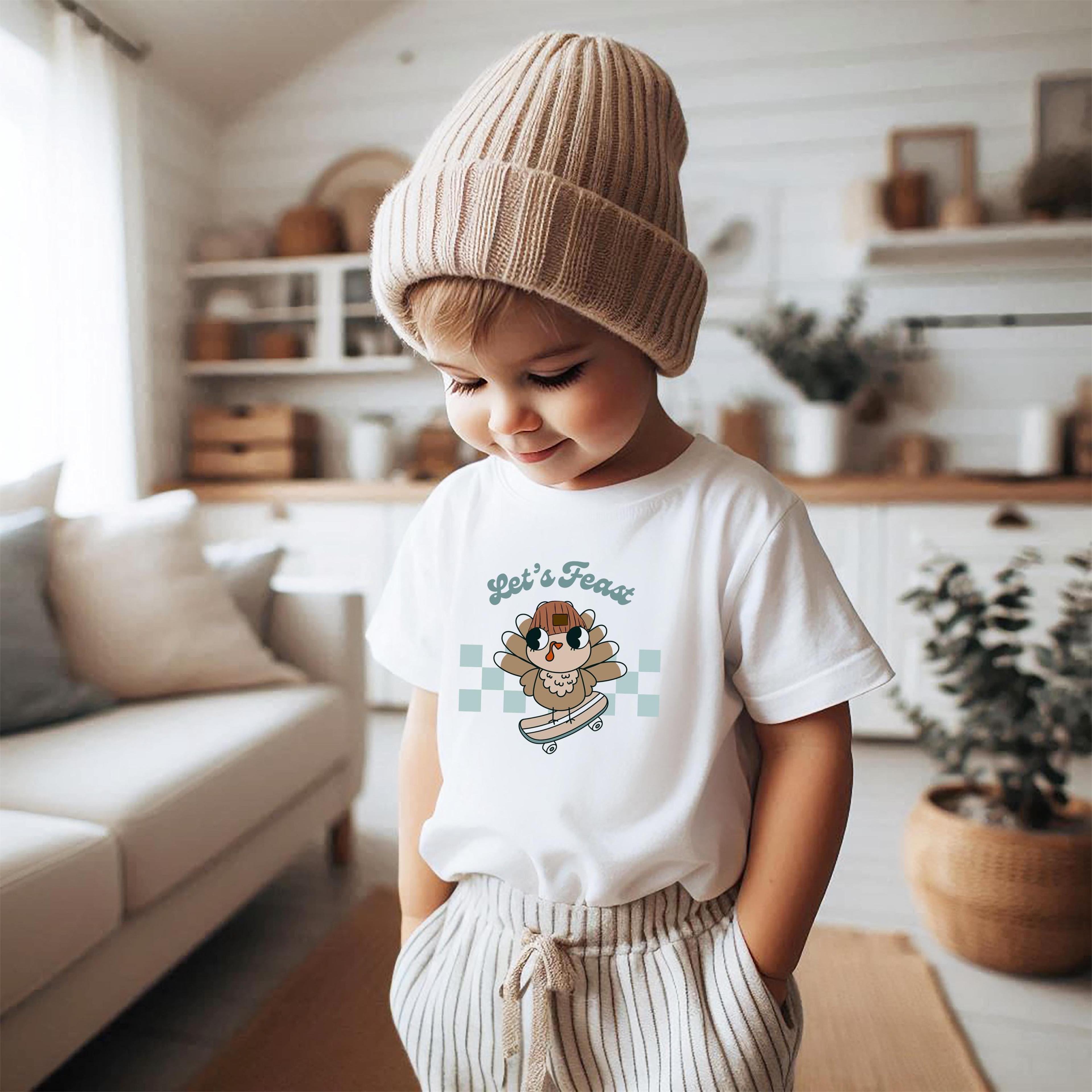 kids skater turkey thanksgiving shirt, cool turkey skateboard tee, funny thanksgiving outfit for kids, fall harvest appa