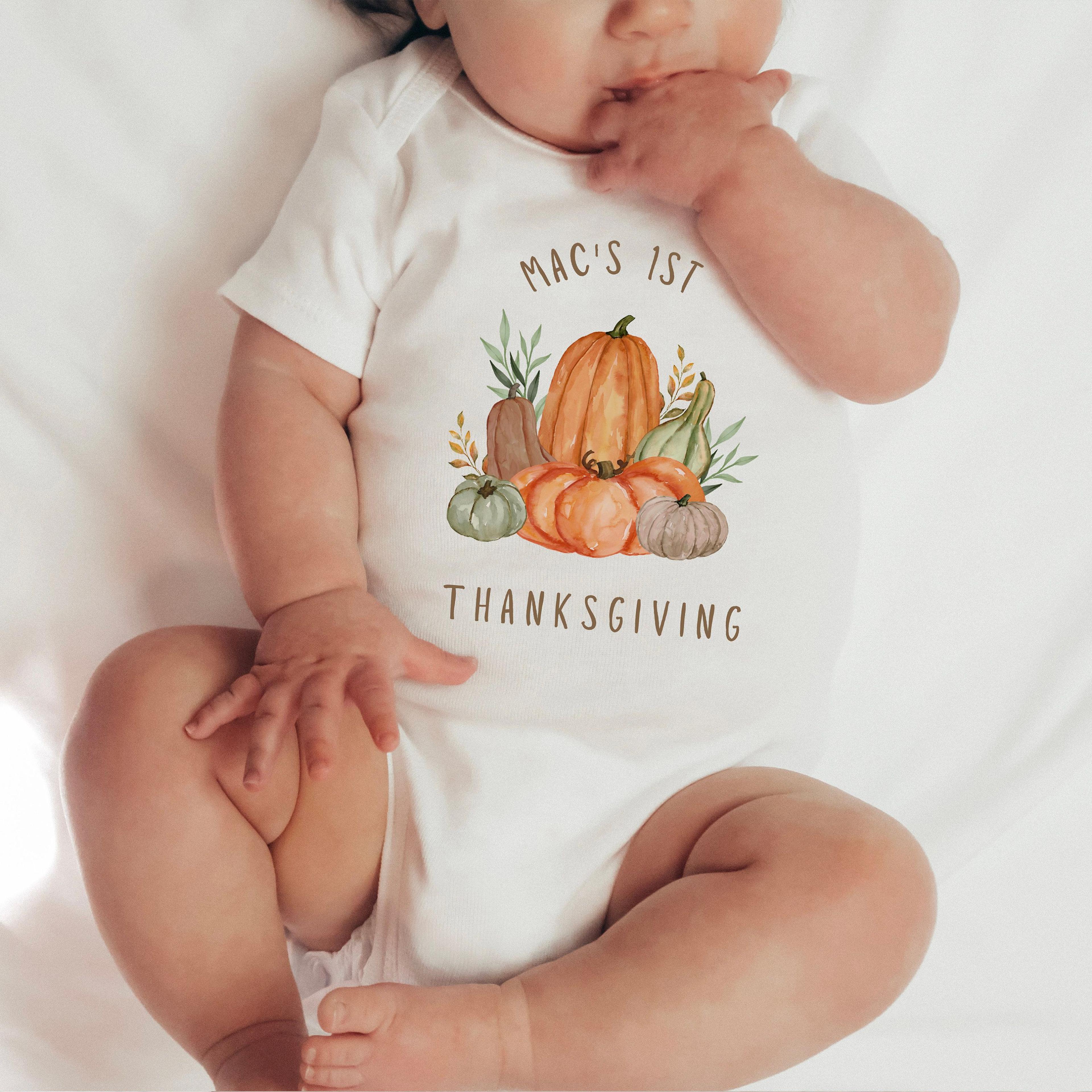 first thanksgiving baby outfit, personalized baby's first thanksgiving romper, custom pumpkin thanksgiving shirt, neutra