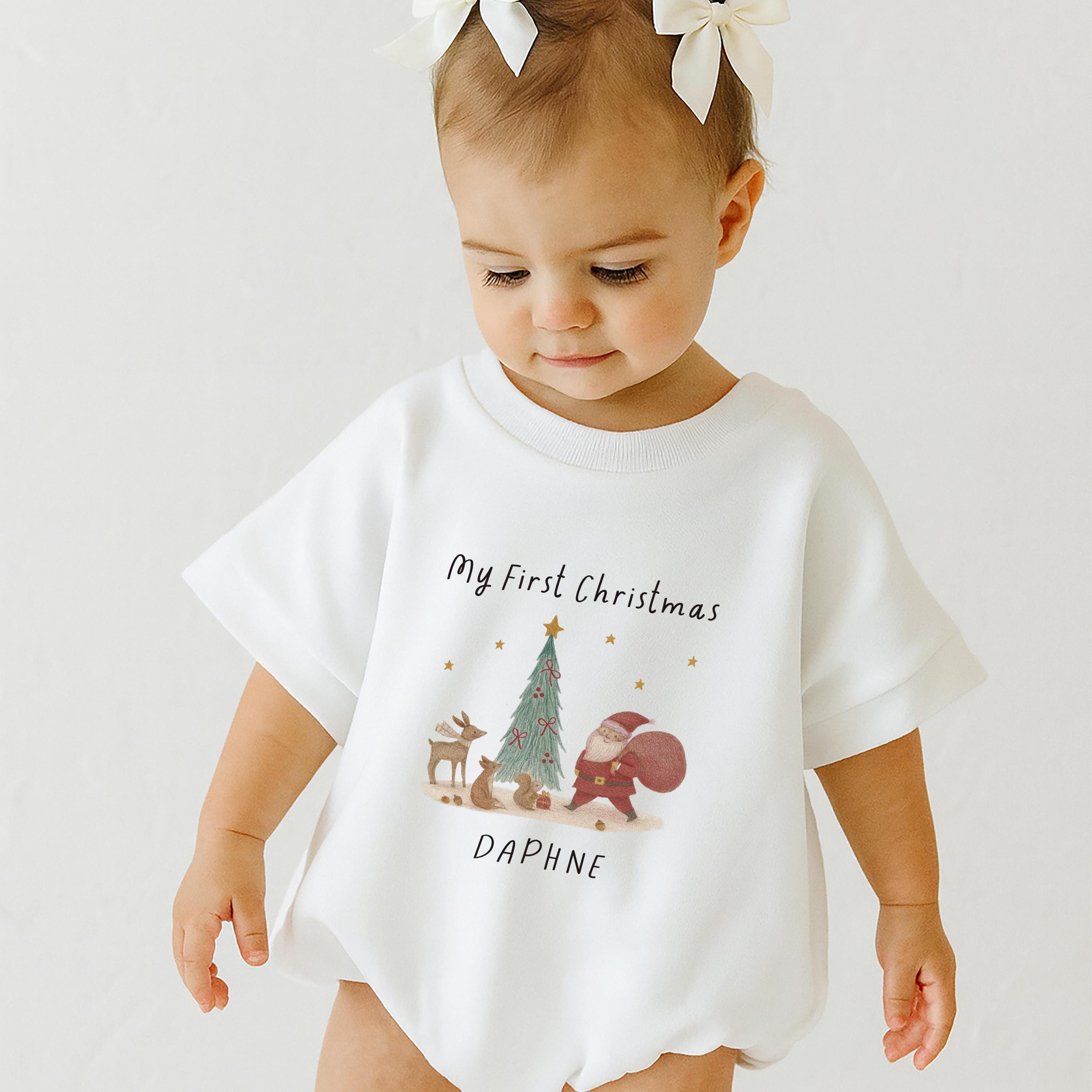 personalized my first christmas baby outfit, baby's first christmas romper, custom holiday baby apparel, first christmas