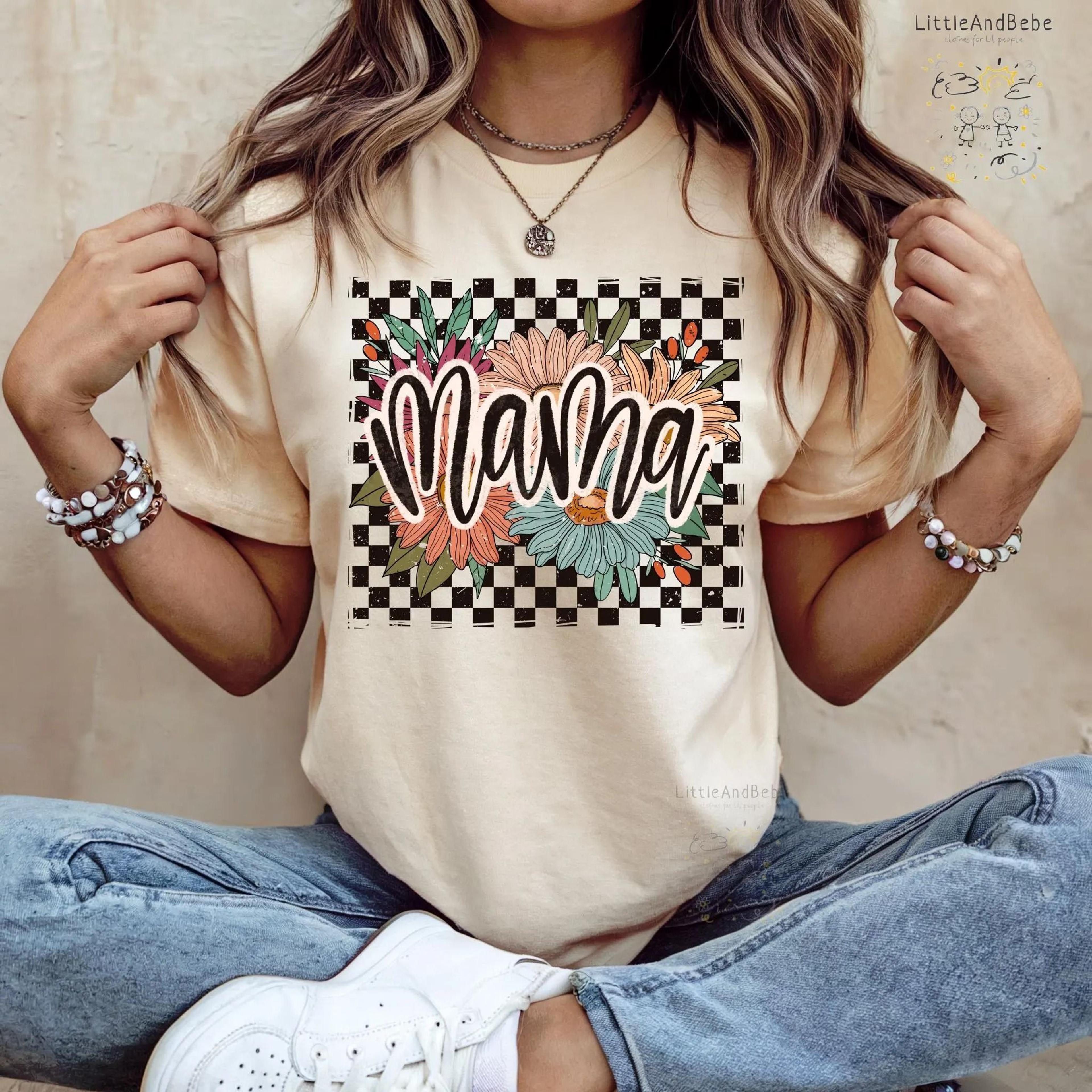 mama floral shirt, retro mama tee, checkered mama shirt, boho mom shirt, mother's day gift for mom, trendy mama tees