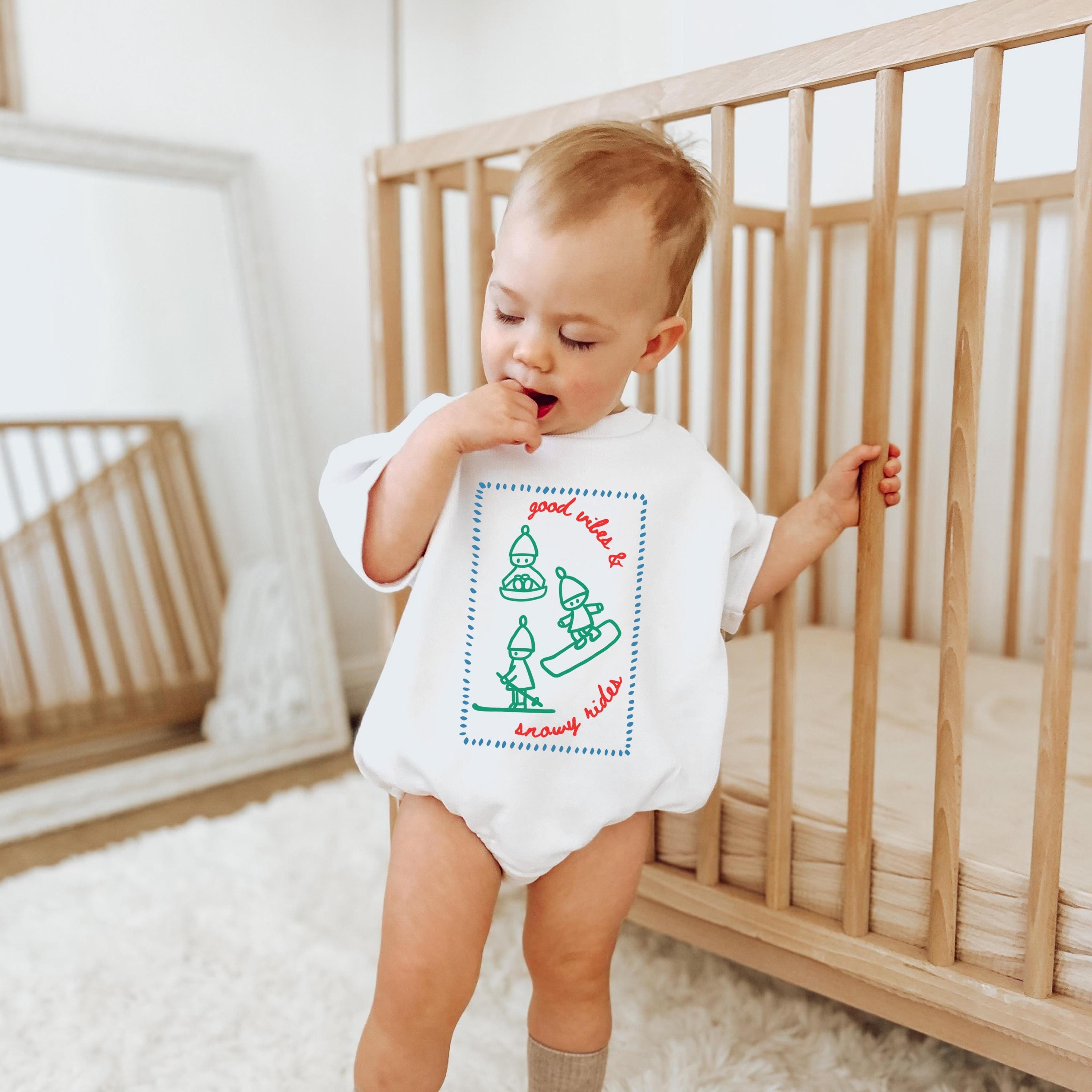 kids snowboard skiing sweatshirt, good vibes snowy rides shirt, winter snowboarding outfit for kids, baby ski romper, sn