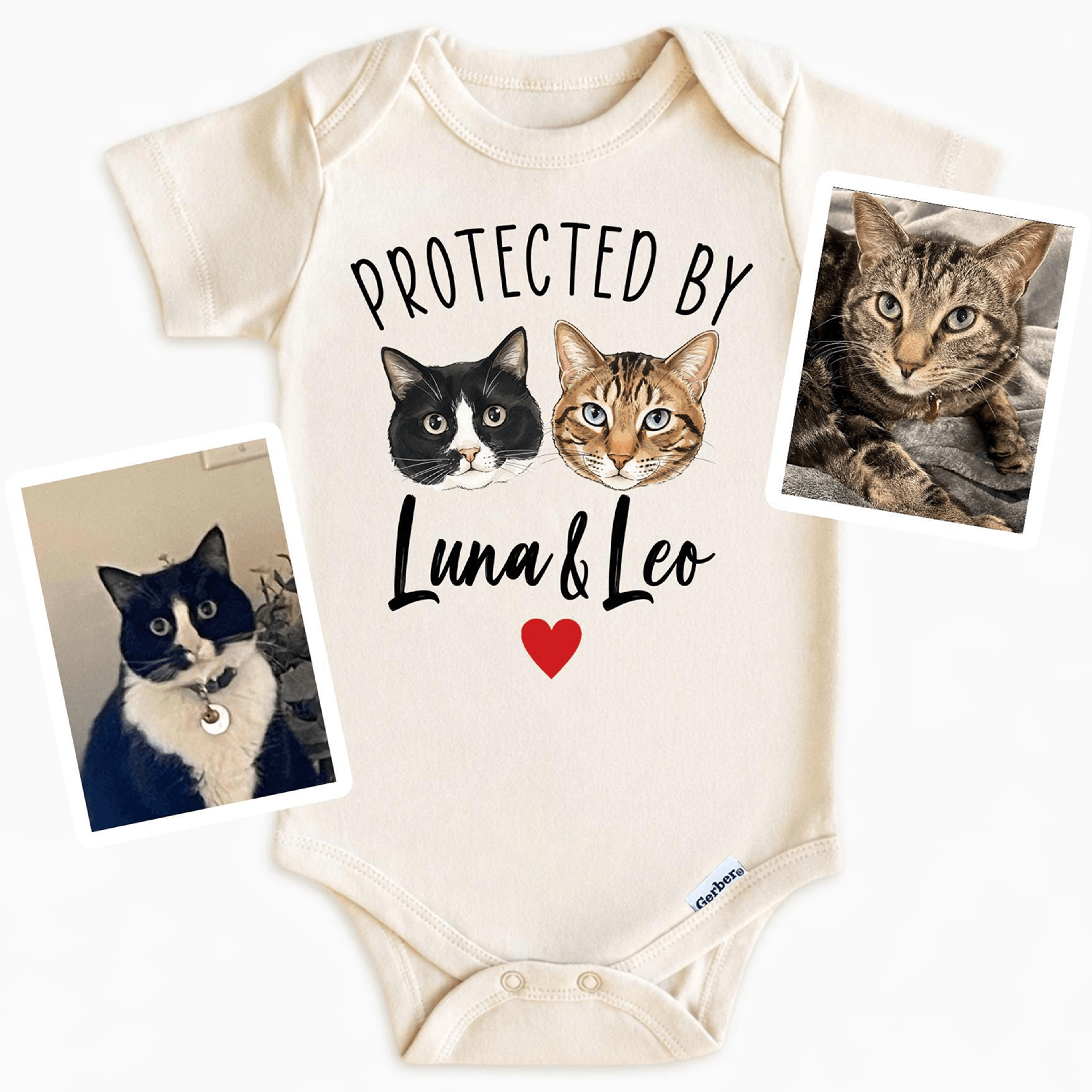 custom pet portrait baby bodysuit, protected by dog or cat onesie, personalized pet baby gift, new baby announcement