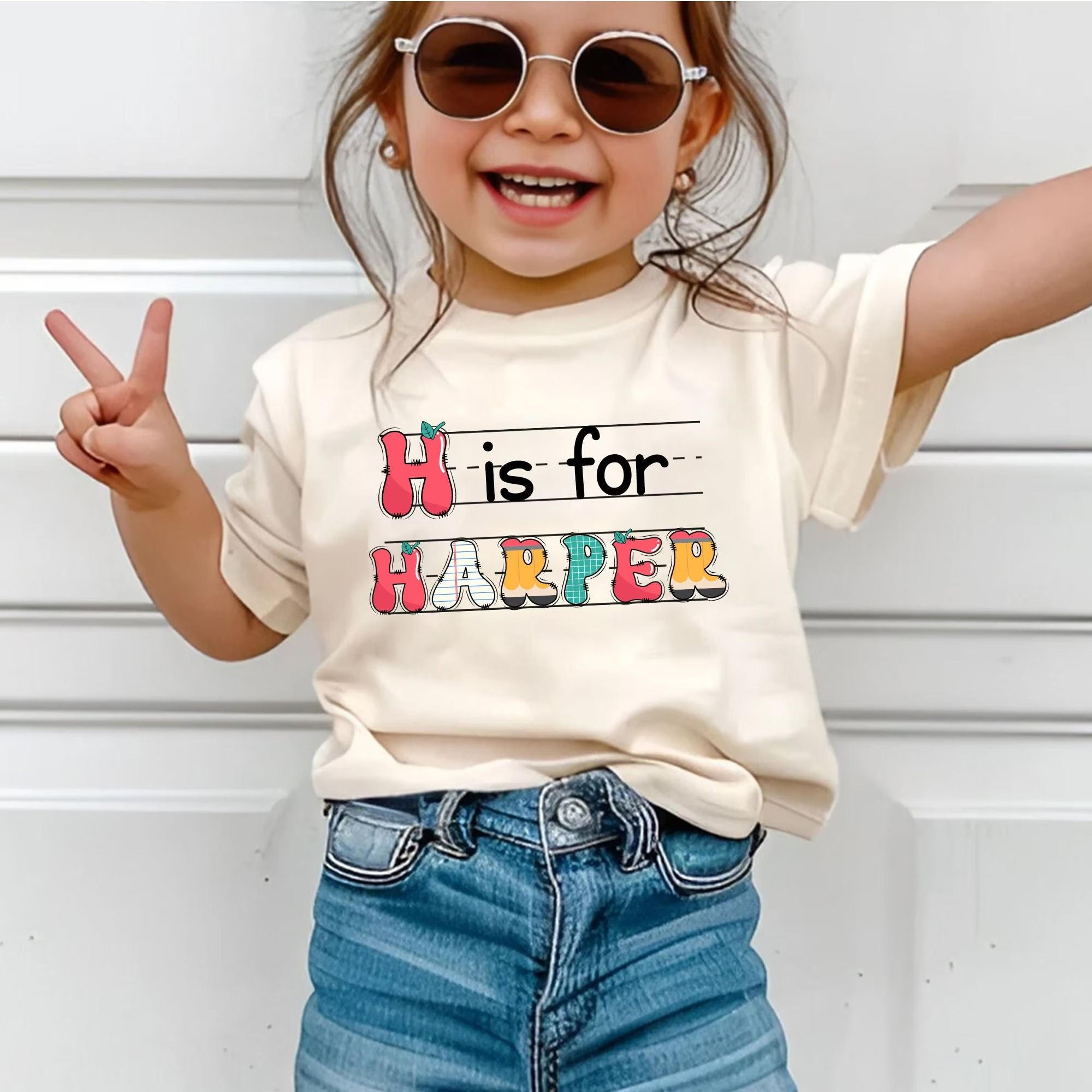 h is for harper shirt, personalized name shirt for girls, custom back to school tee, preschool kindergarten school outfi
