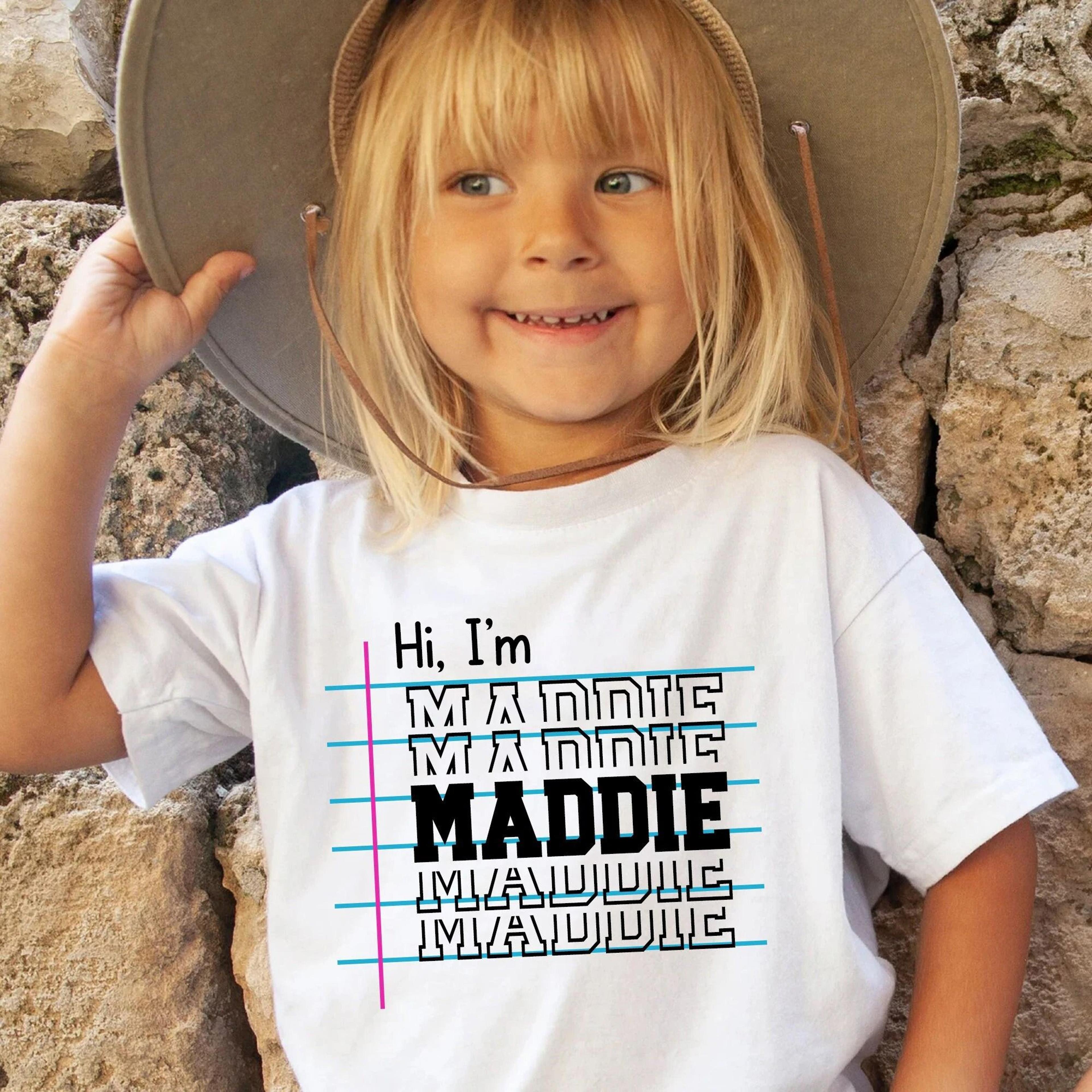 personalized hi i'm maddie shirt, custom name back to school shirt, kids name tee, first day of school outfit