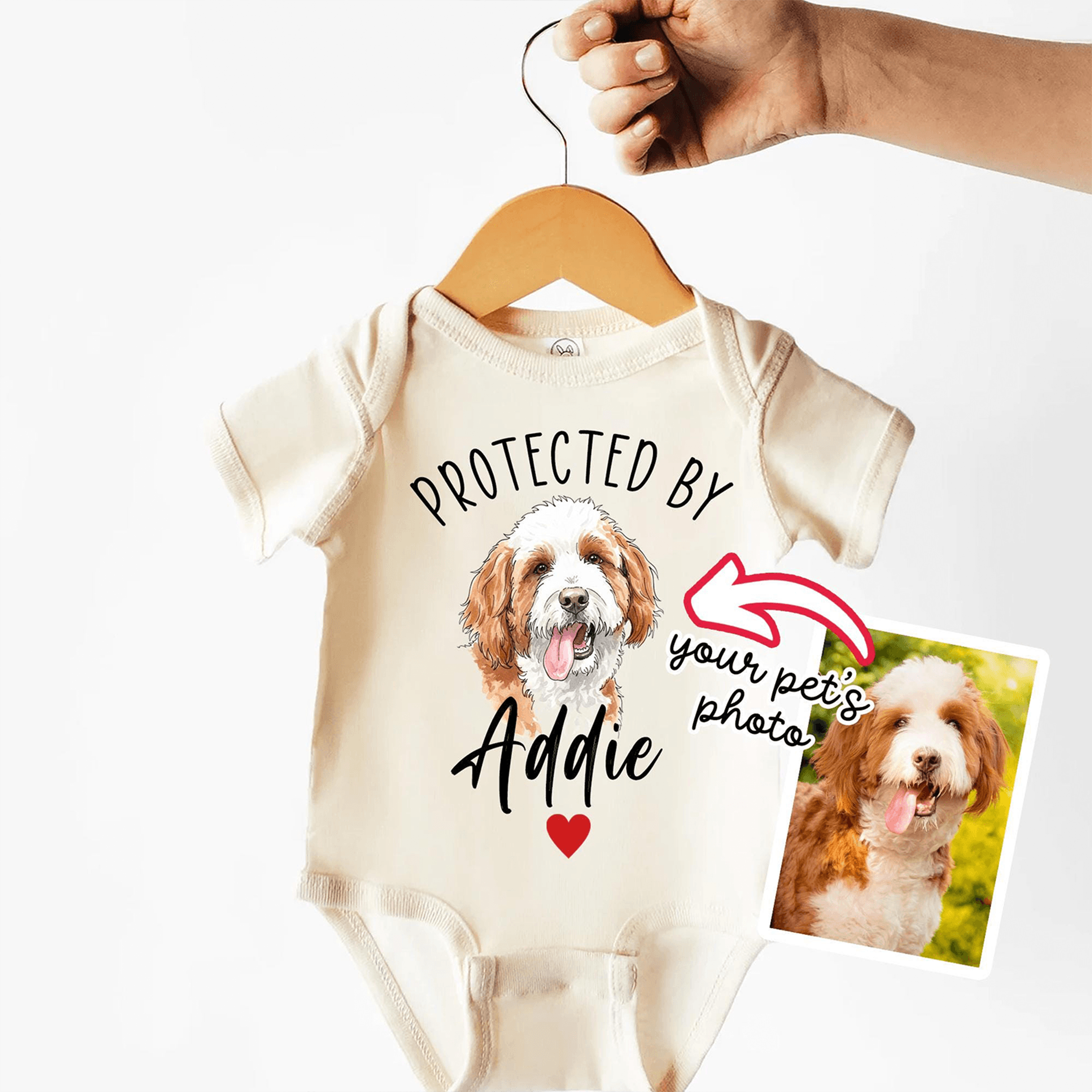 protected by pets custom baby bodysuit, personalized dog photo baby onesie, pet sibling announcement outfit, newborn gif