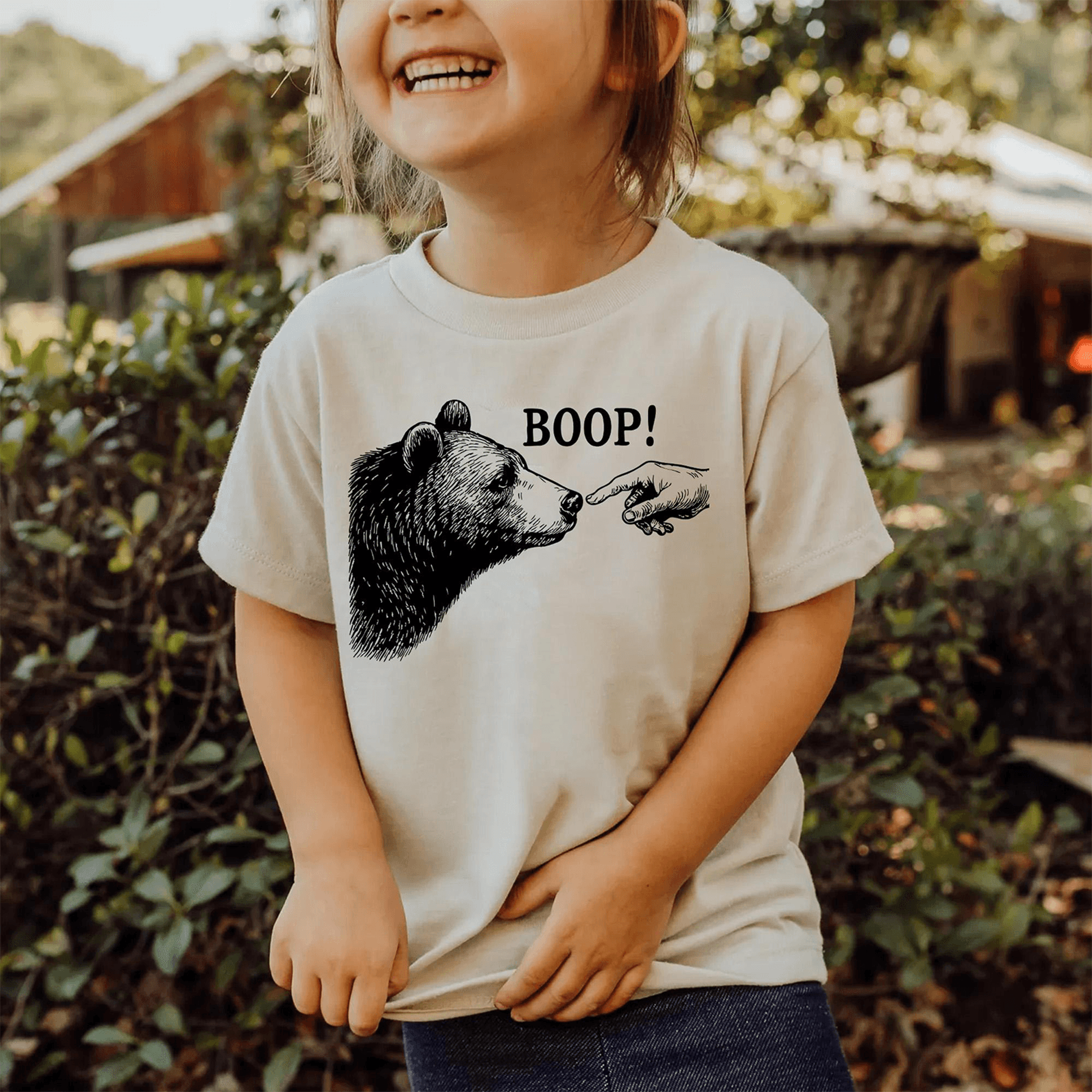 boop bear kids shirt, retro bear nose touch tee, cute woodland animal shirt, funny bear lover gift for kids