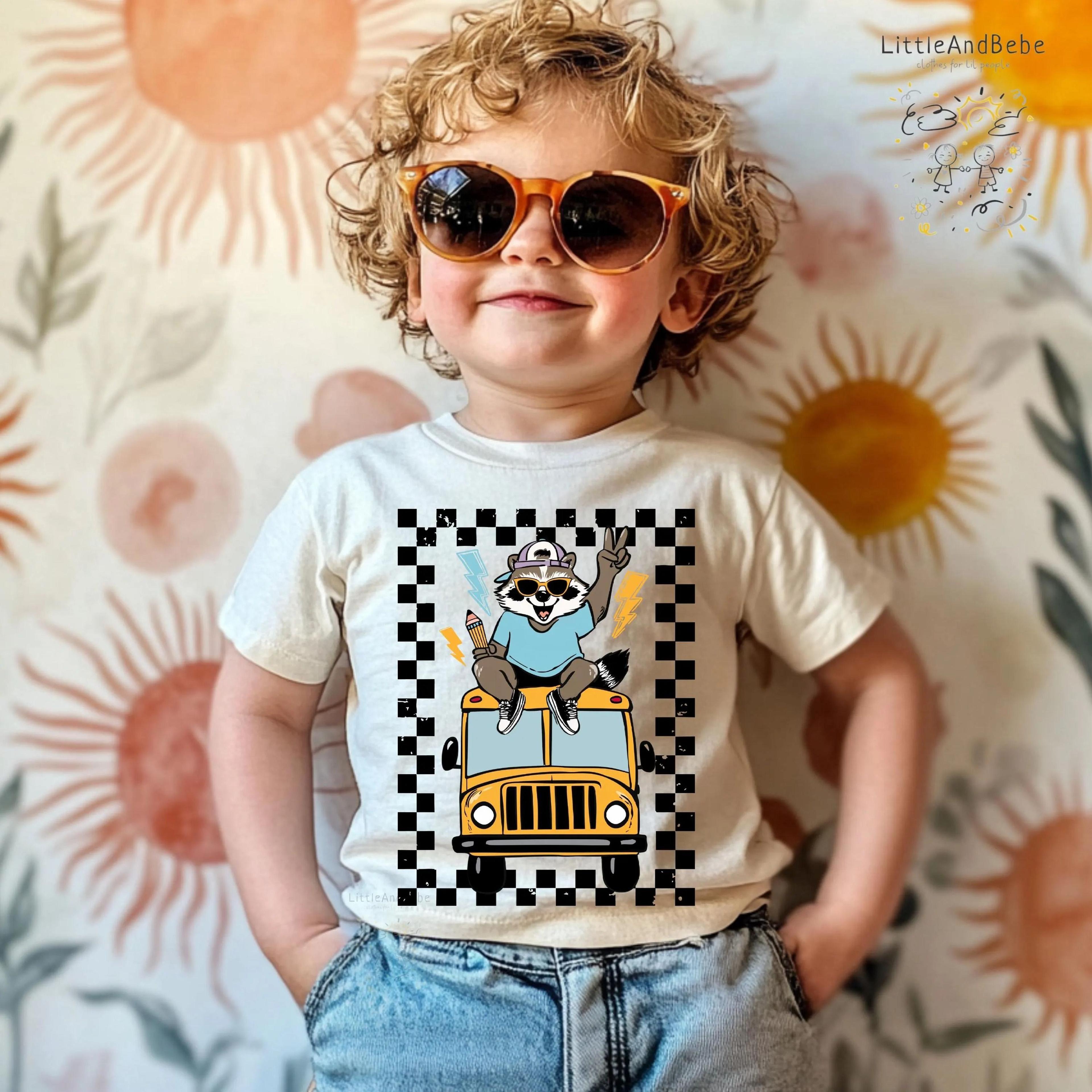 cool raccoon back to school shirt, school bus toddler tee, first day of school shirt, preschool boy outfit, kindergarten