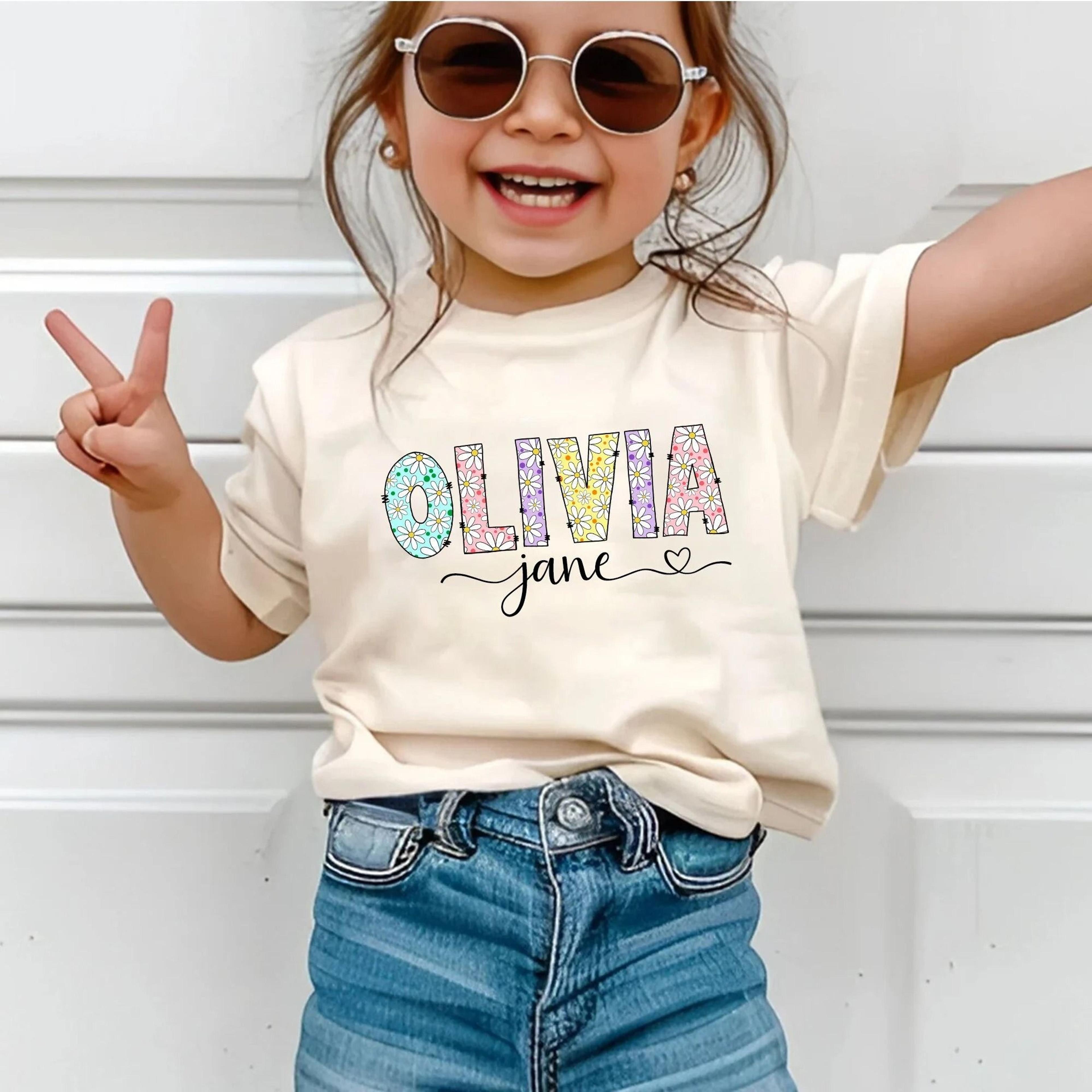 personalized floral name shirt, custom kids name tee, daisy letter toddler shirt, personalized girl gift, cute floral
