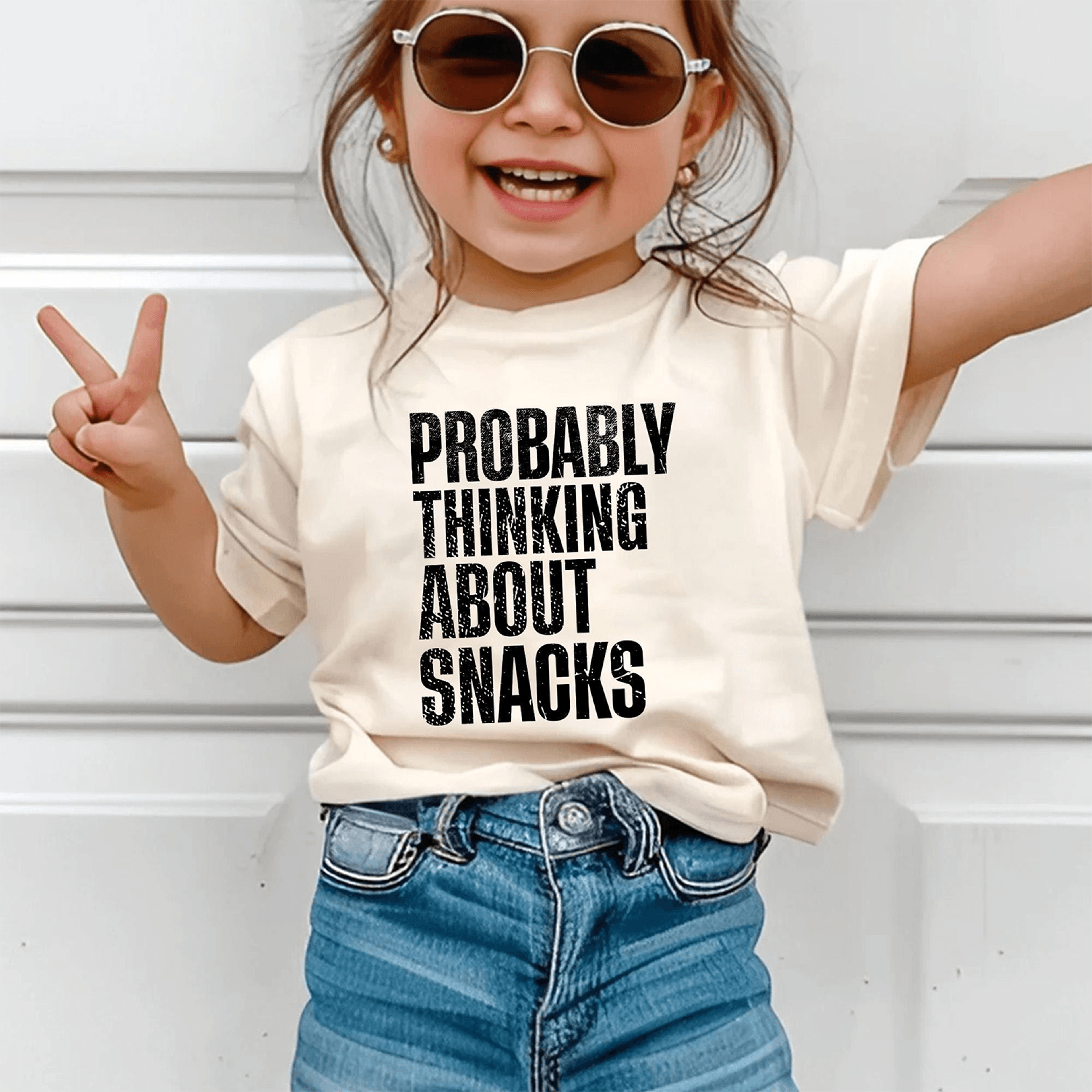 probably thinking about snacks shirt, funny toddler snack lover tee, cute foodie kids shirt, snack time gift for boys gi