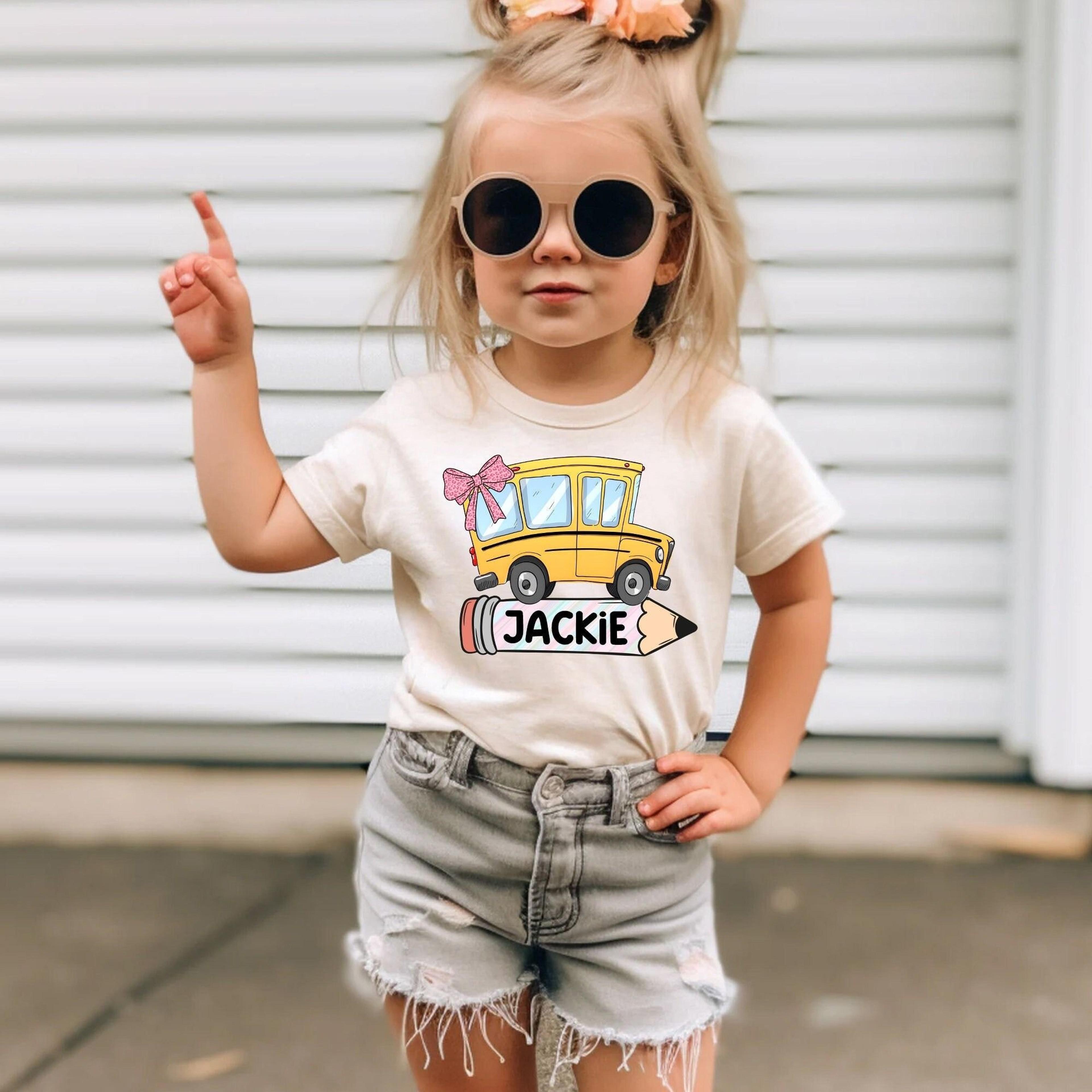 personalized school bus name shirt, custom back to school shirt for girls, pencil name tee, kindergarten shirt