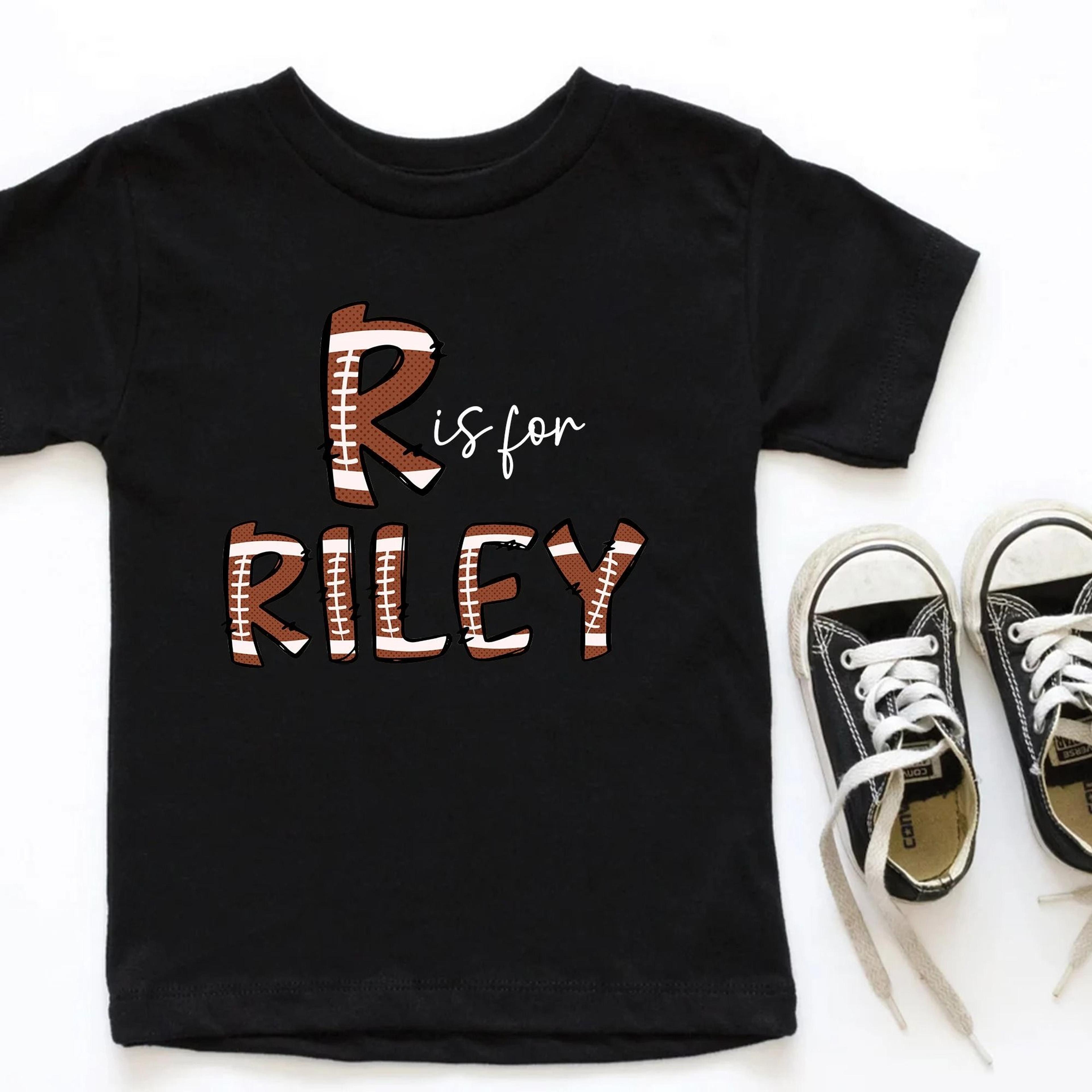 r is for riley football shirt, personalized football name shirt, custom kids football tee, toddler sports shirt