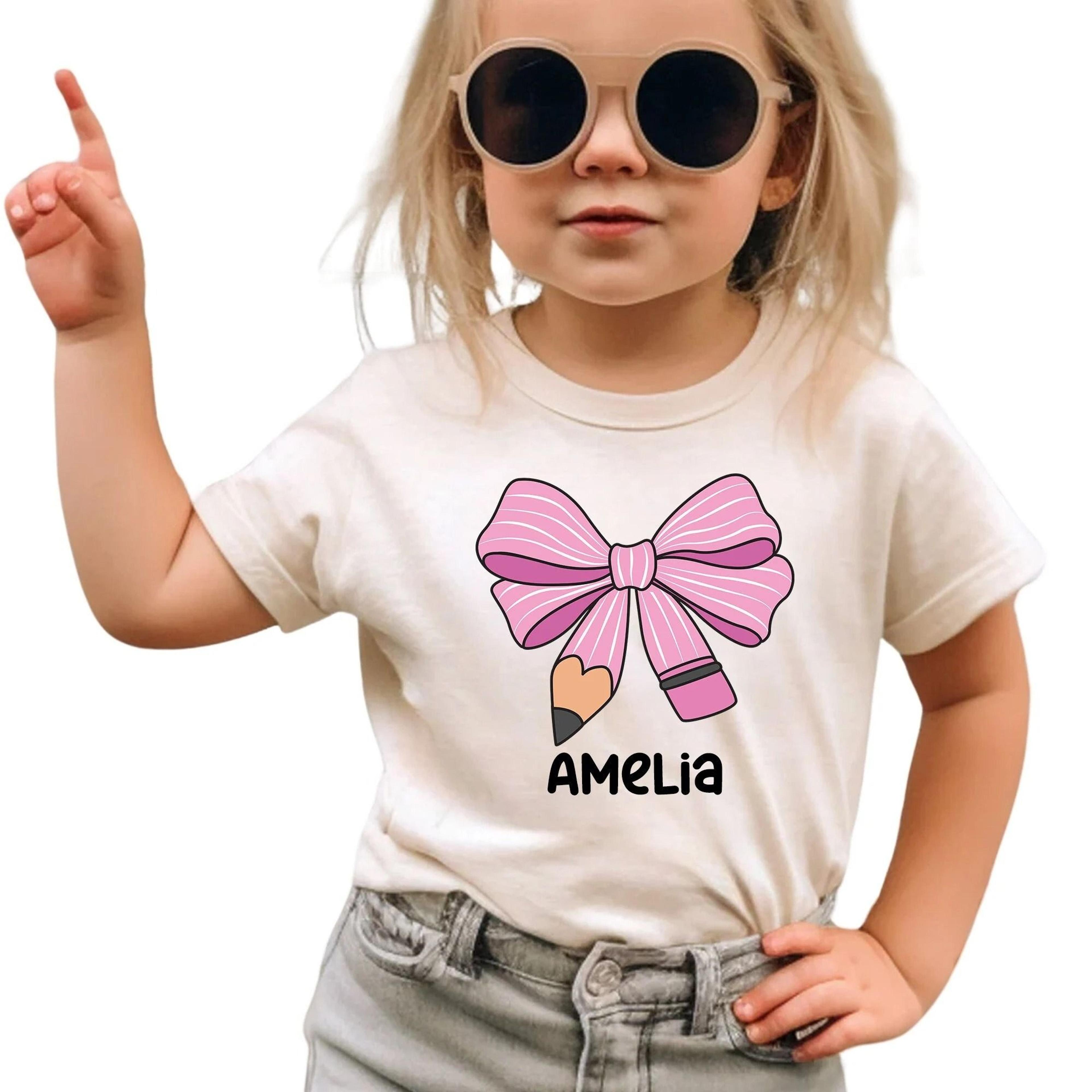 personalized amelia bow shirt, custom girl name shirt, coquette bow tee for girls, back to school personalized shirt