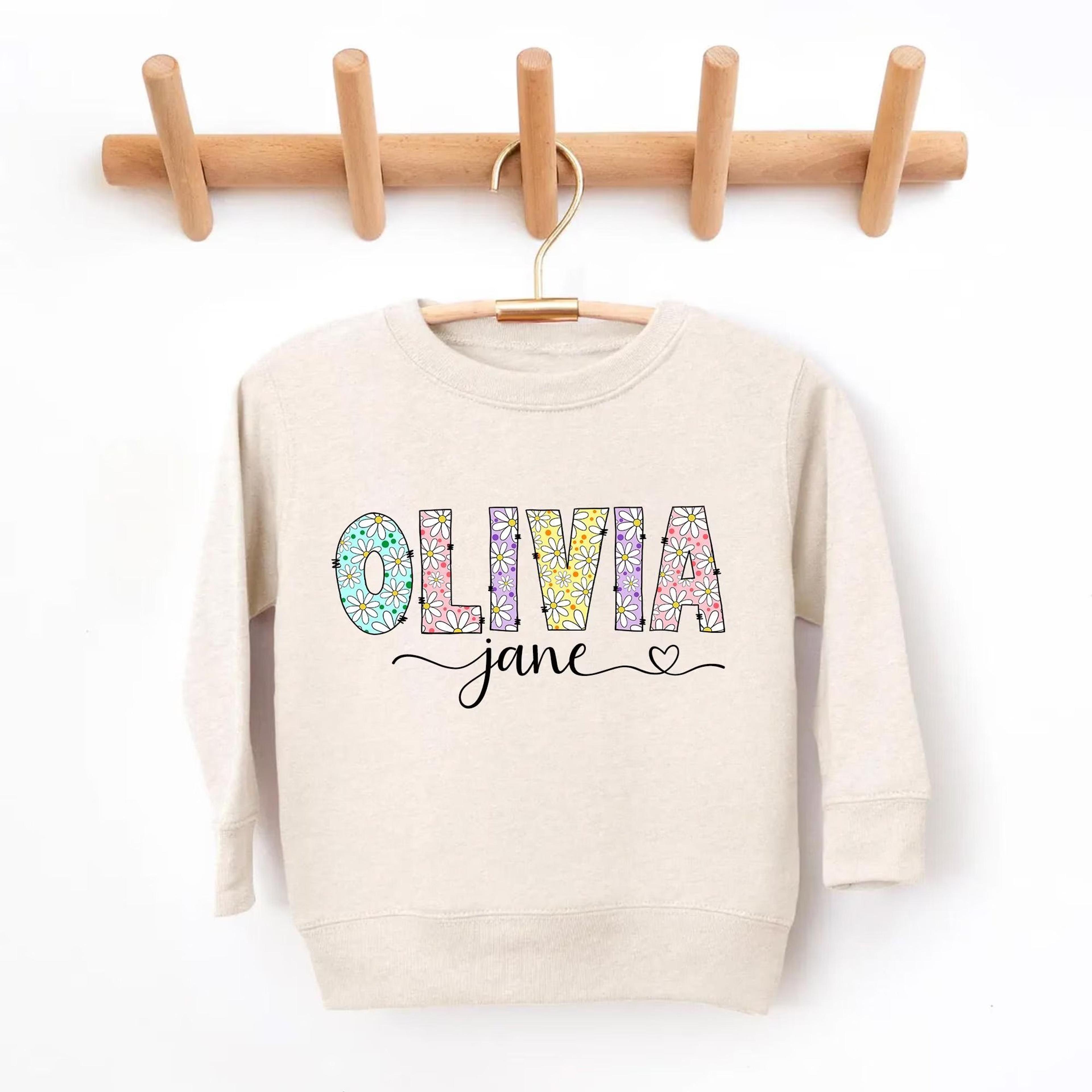 personalized olivia jane sweatshirt, custom floral name sweatshirt, toddler girl personalized gift, daisy name pullover