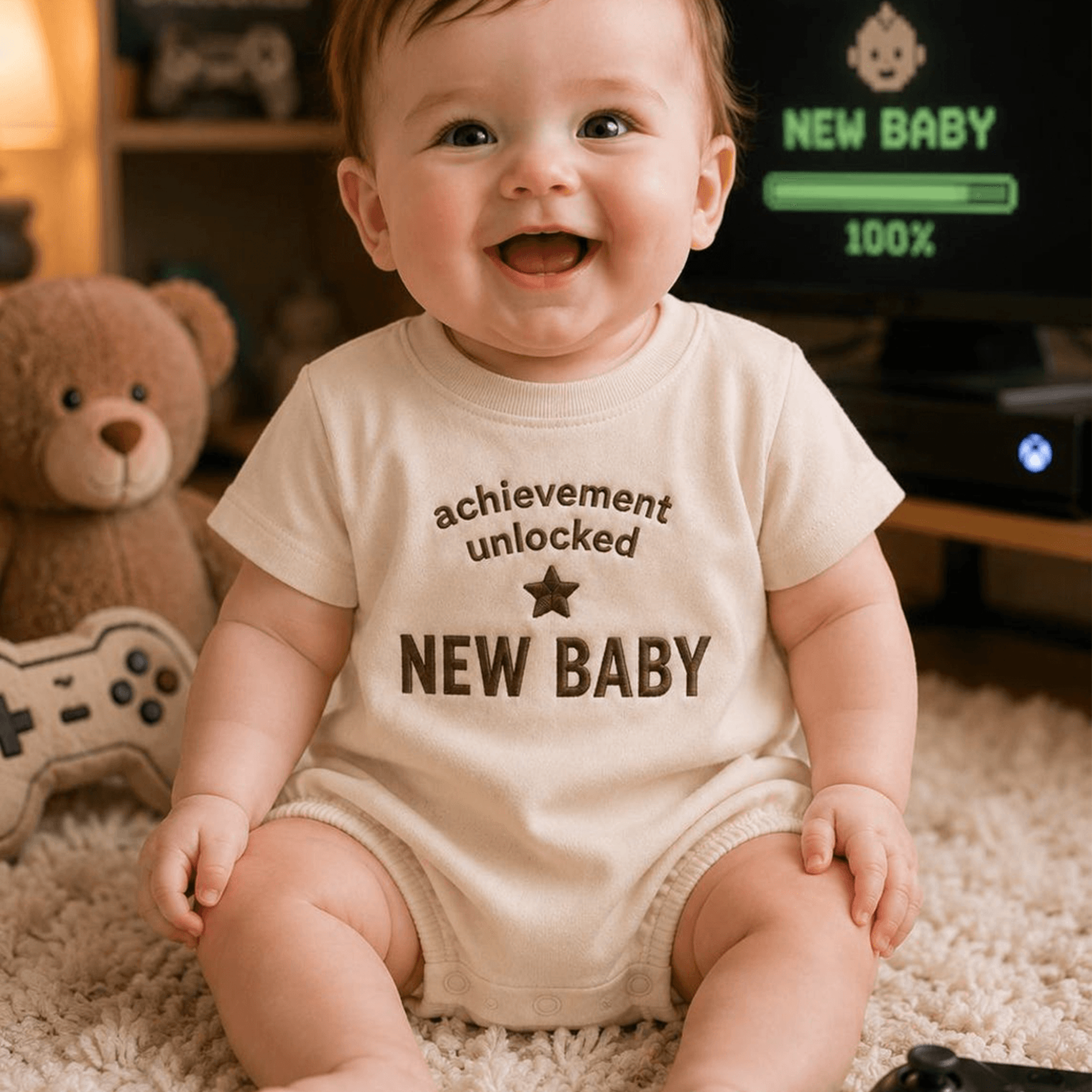 achievement unlocked new baby embroidered romper, gamer baby gift, baby shower gift, newborn outfit