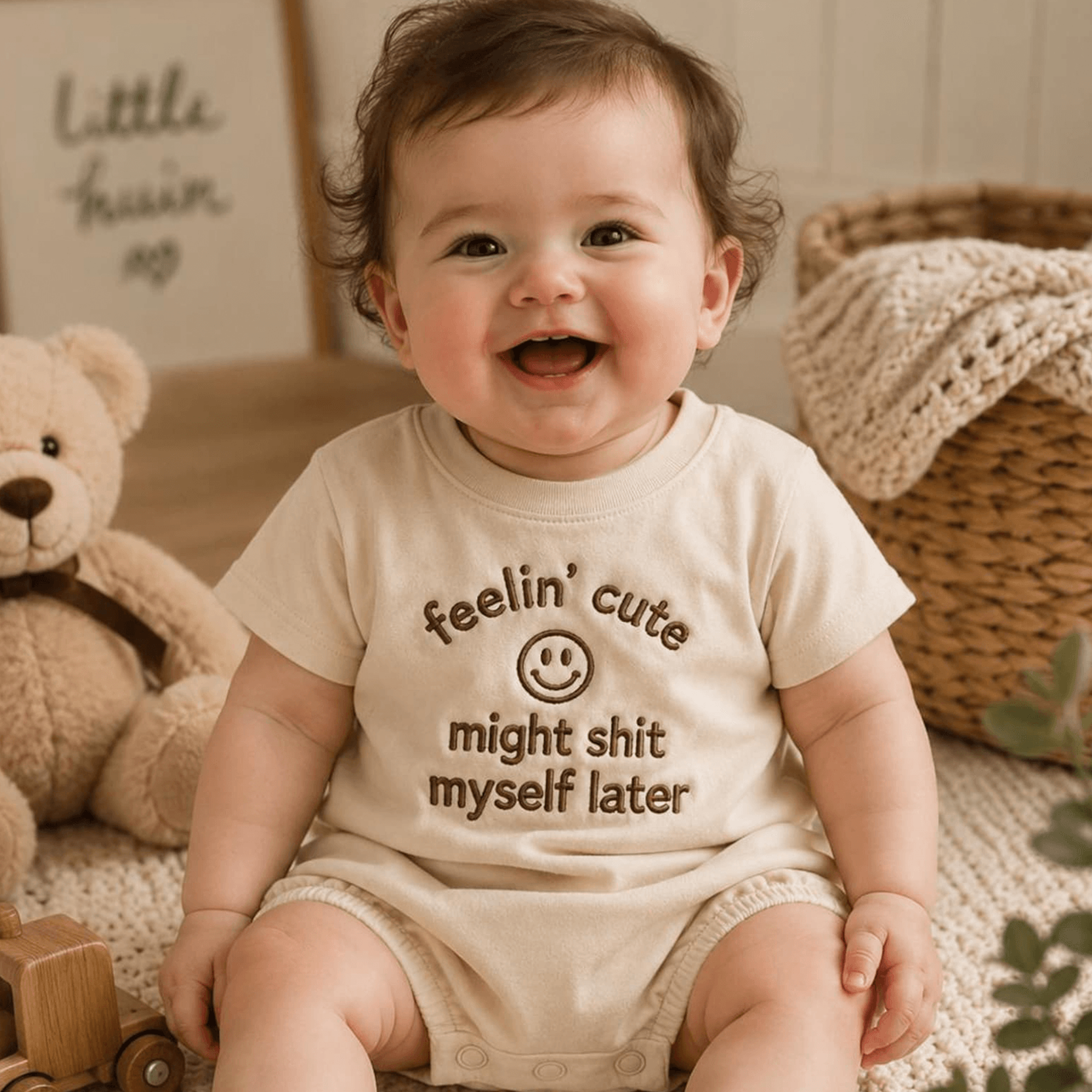 feelin cute might shit myself later embroidered baby romper, funny baby gift, baby shower gift, newborn outfit