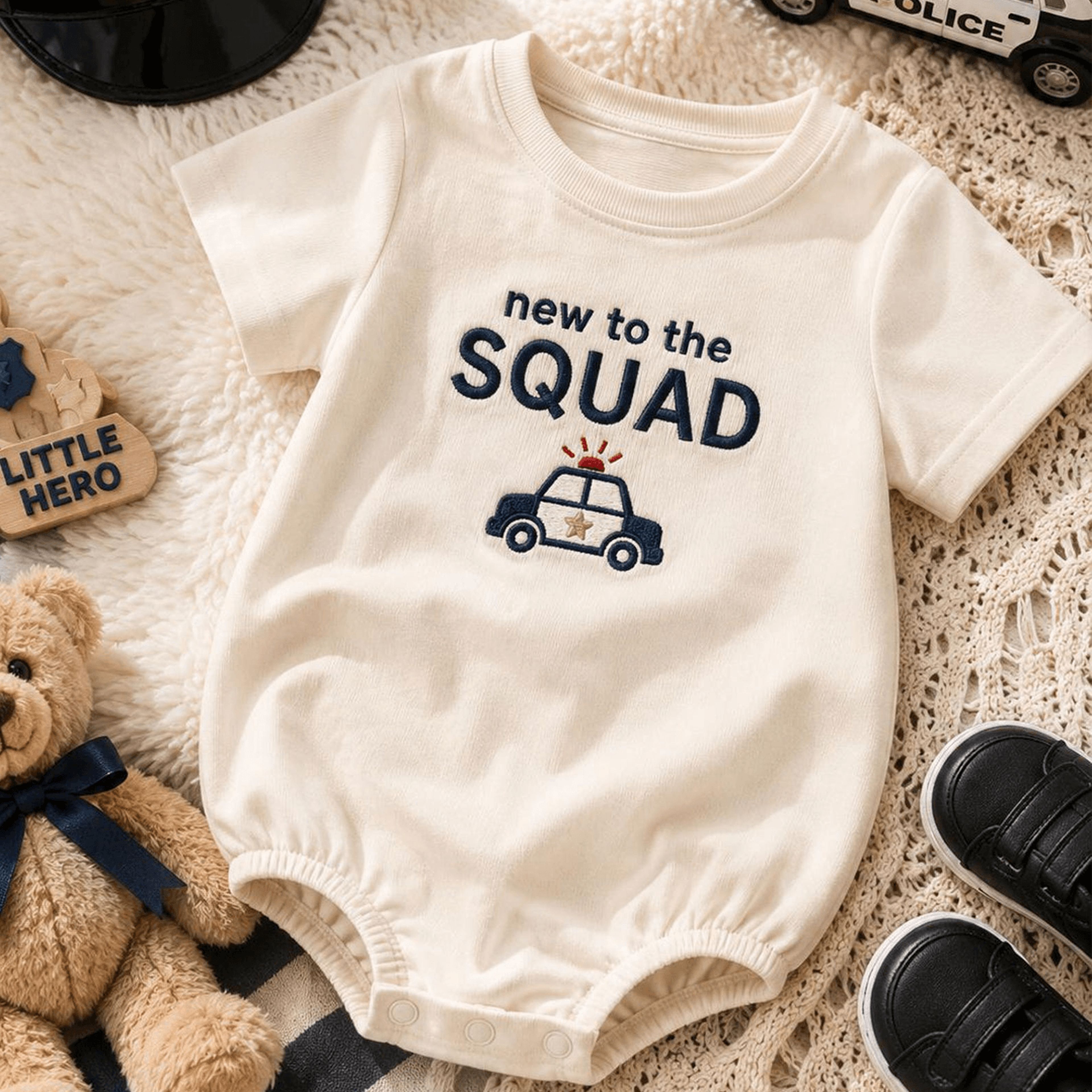 new to the squad embroidered baby romper, new baby gift, baby shower gift, newborn outfit, coming home outfit