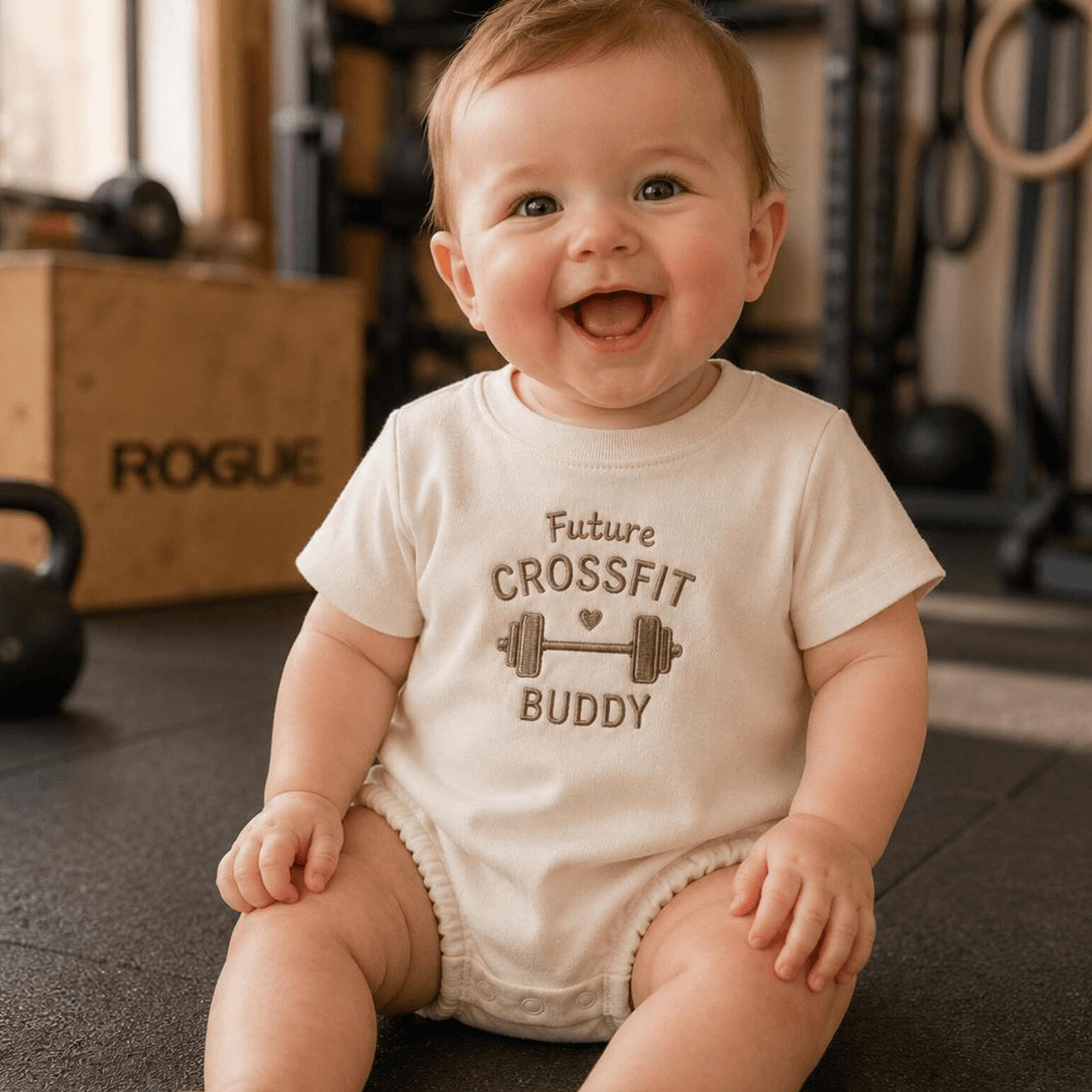 future crossfit buddy embroidered baby romper, fitness baby gift, baby shower gift, future athlete outfit