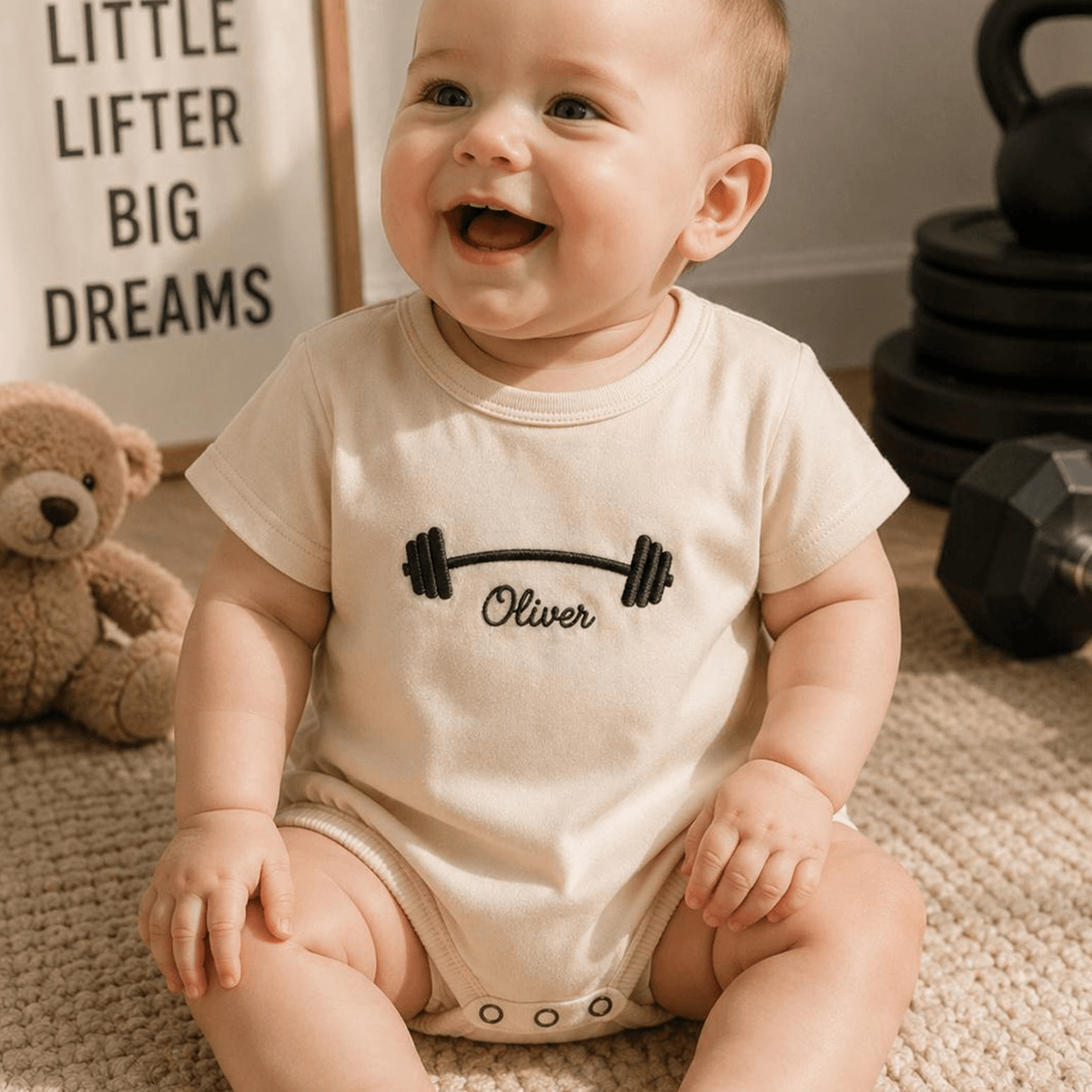 custom name little lifter embroidered baby romper, personalized baby gift, fitness baby outfit, baby shower gift