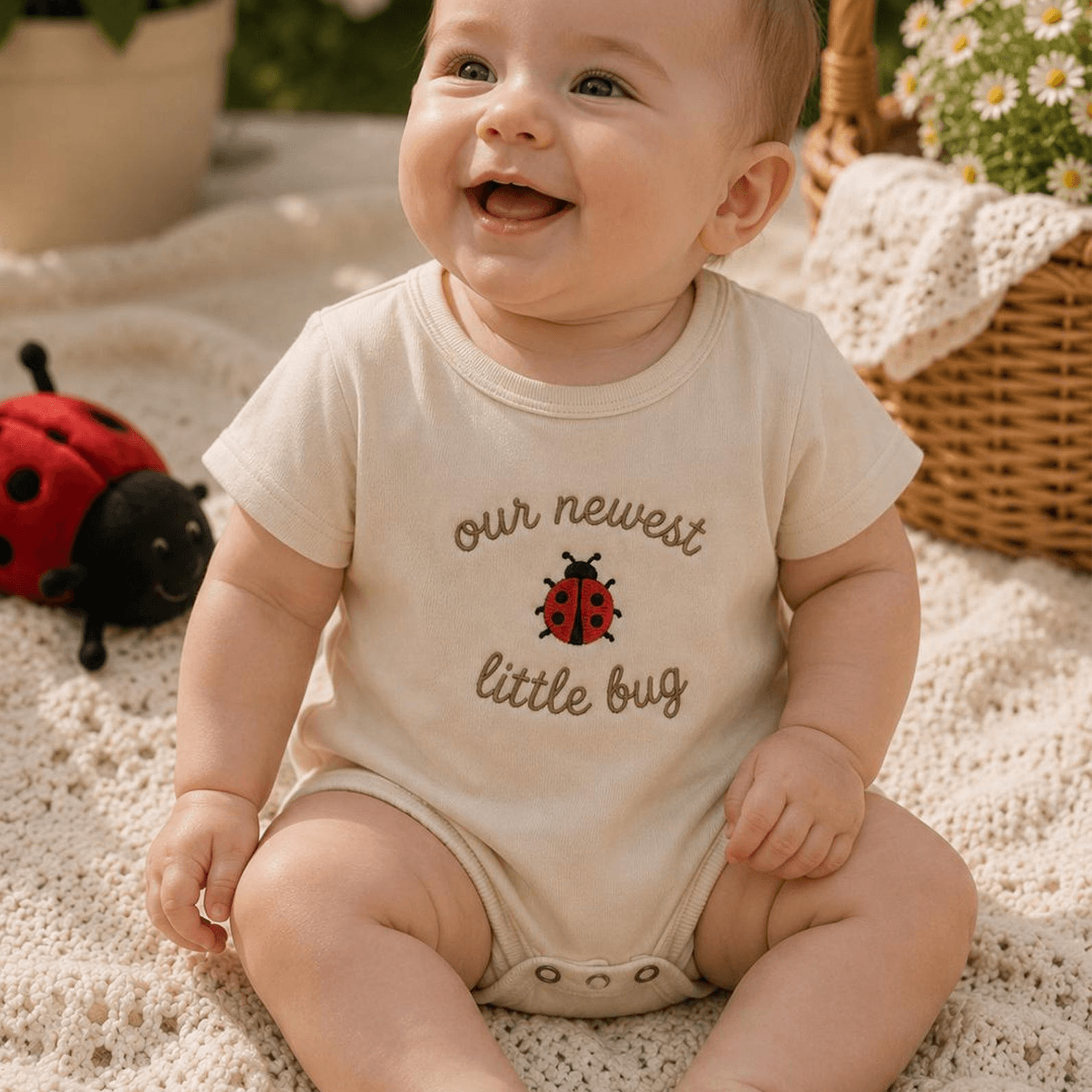 our newest little bug embroidered baby romper, baby shower gift, newborn outfit, cute baby bodysuit gift